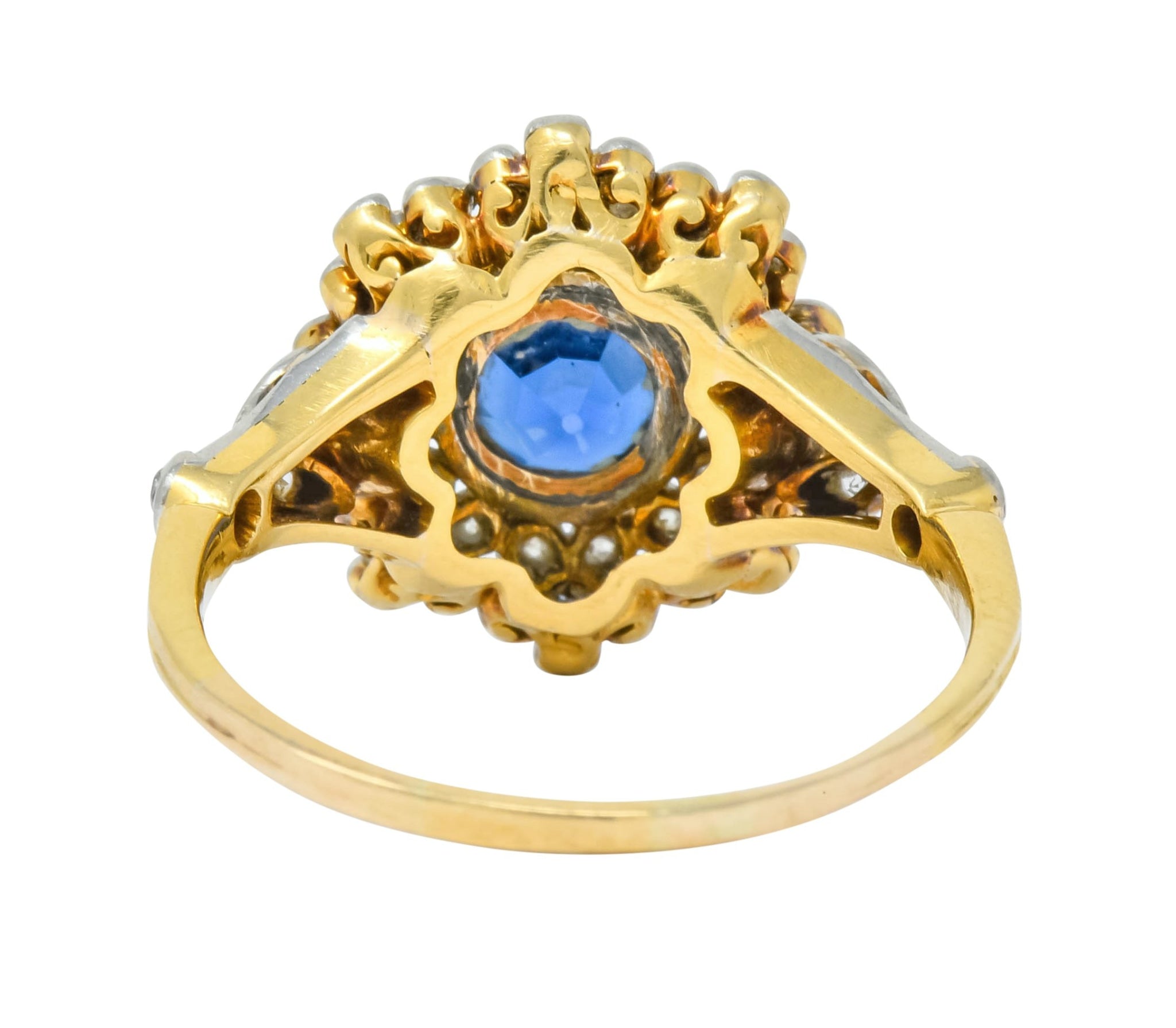 Edwardian 1.85 CTW No Heat Sapphire Diamond Platinum 18 Karat Gold Floral Cluster Ring GIA - Wilson's Estate Jewelry