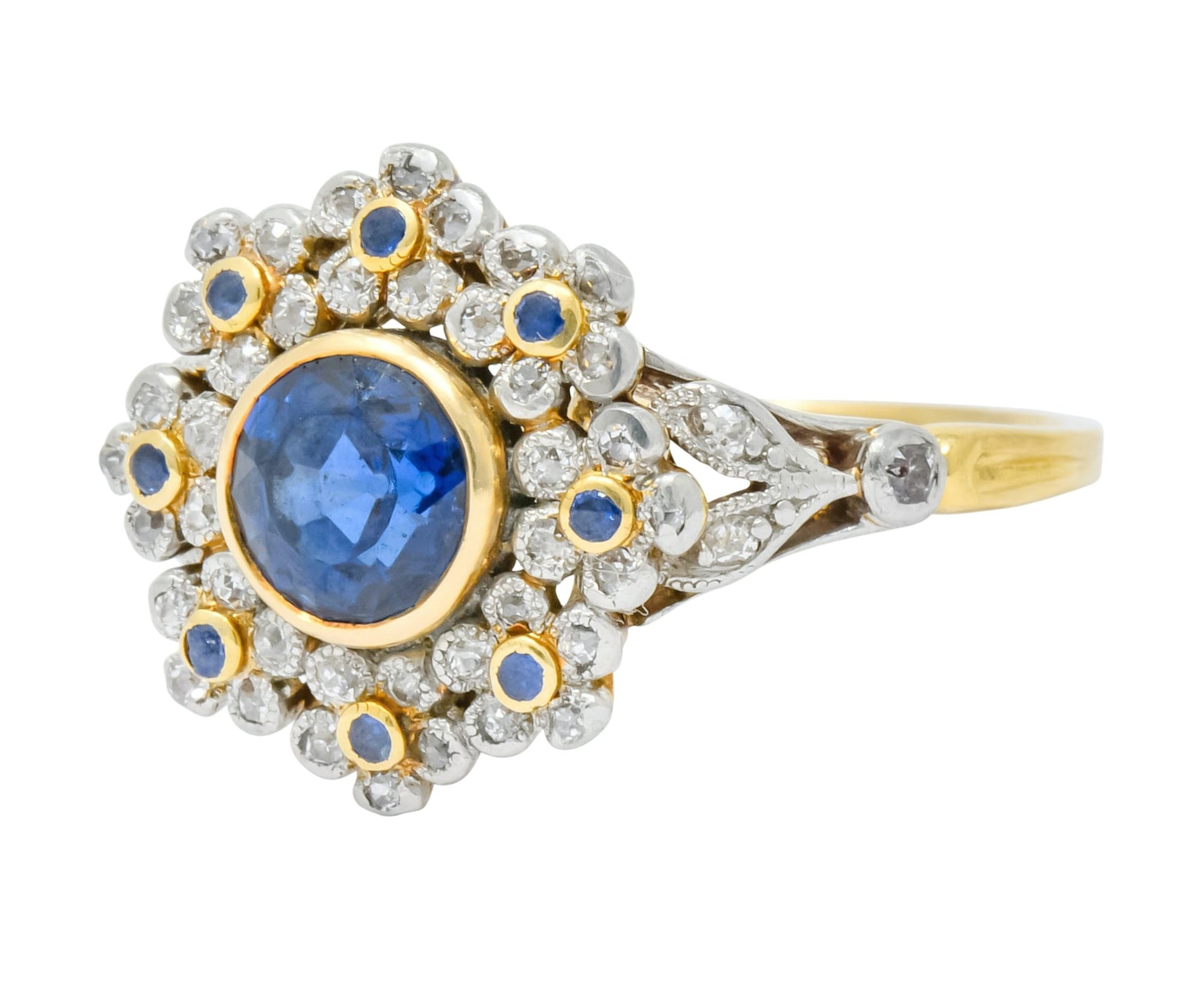 Edwardian 1.85 CTW No Heat Sapphire Diamond Platinum 18 Karat Gold Floral Cluster Ring GIA - Wilson's Estate Jewelry