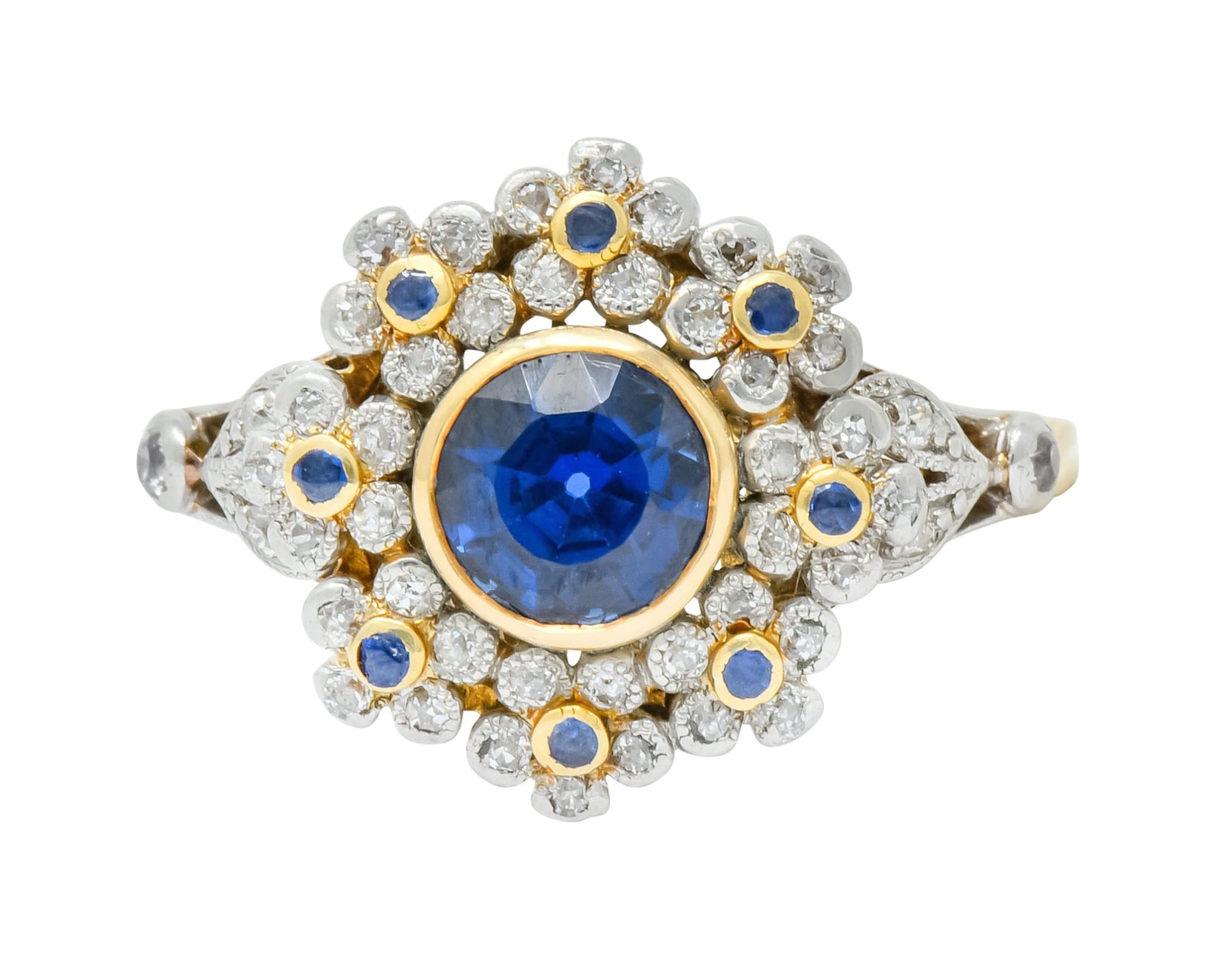 Edwardian 1.85 CTW No Heat Sapphire Diamond Platinum 18 Karat Gold Floral Cluster Ring GIA - Wilson's Estate Jewelry