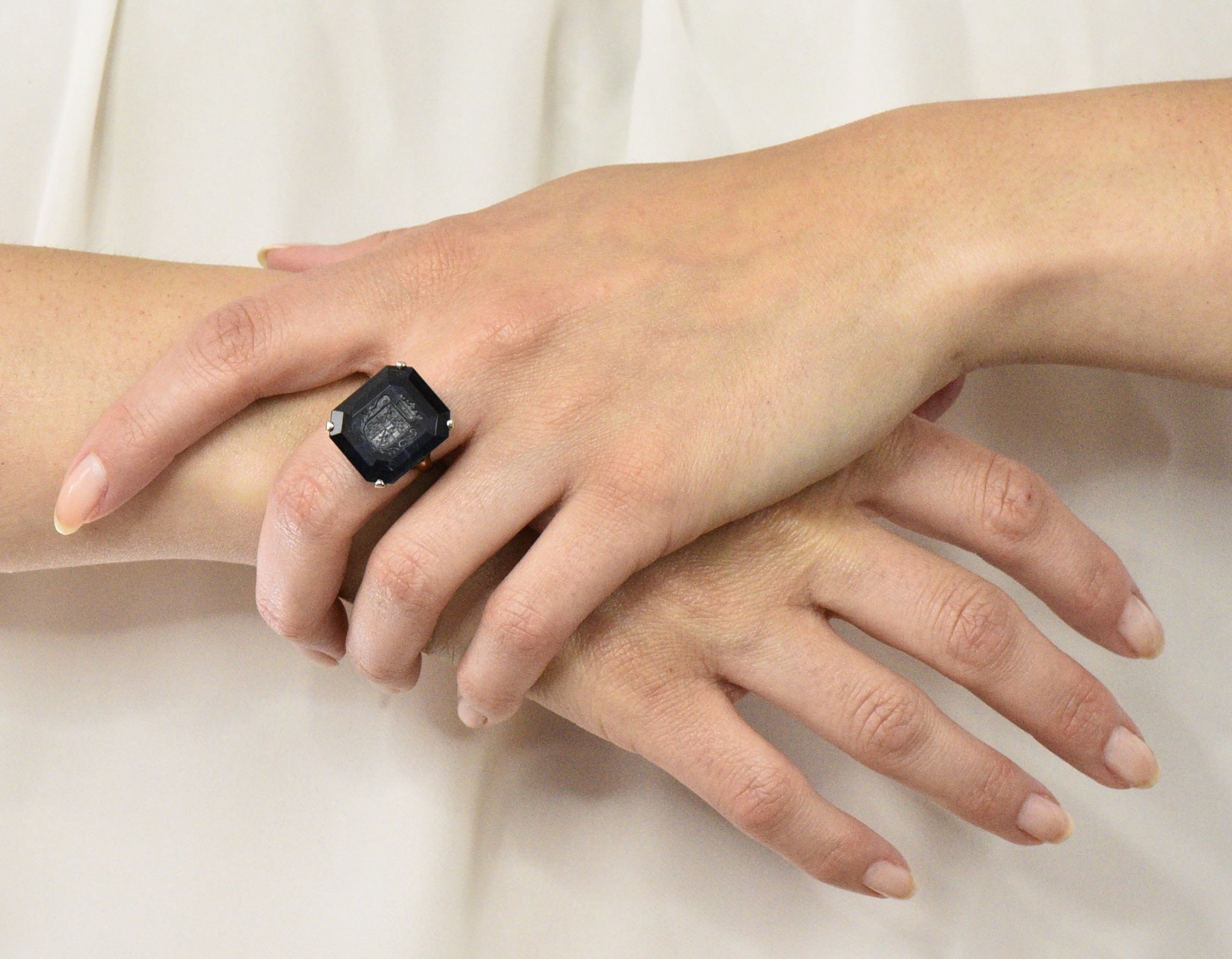 Edwardian 23.88 CTW No Heat Intaglio Sapphire Two-Tone 14 Karat Gold Ring GIA - Wilson's Estate Jewelry