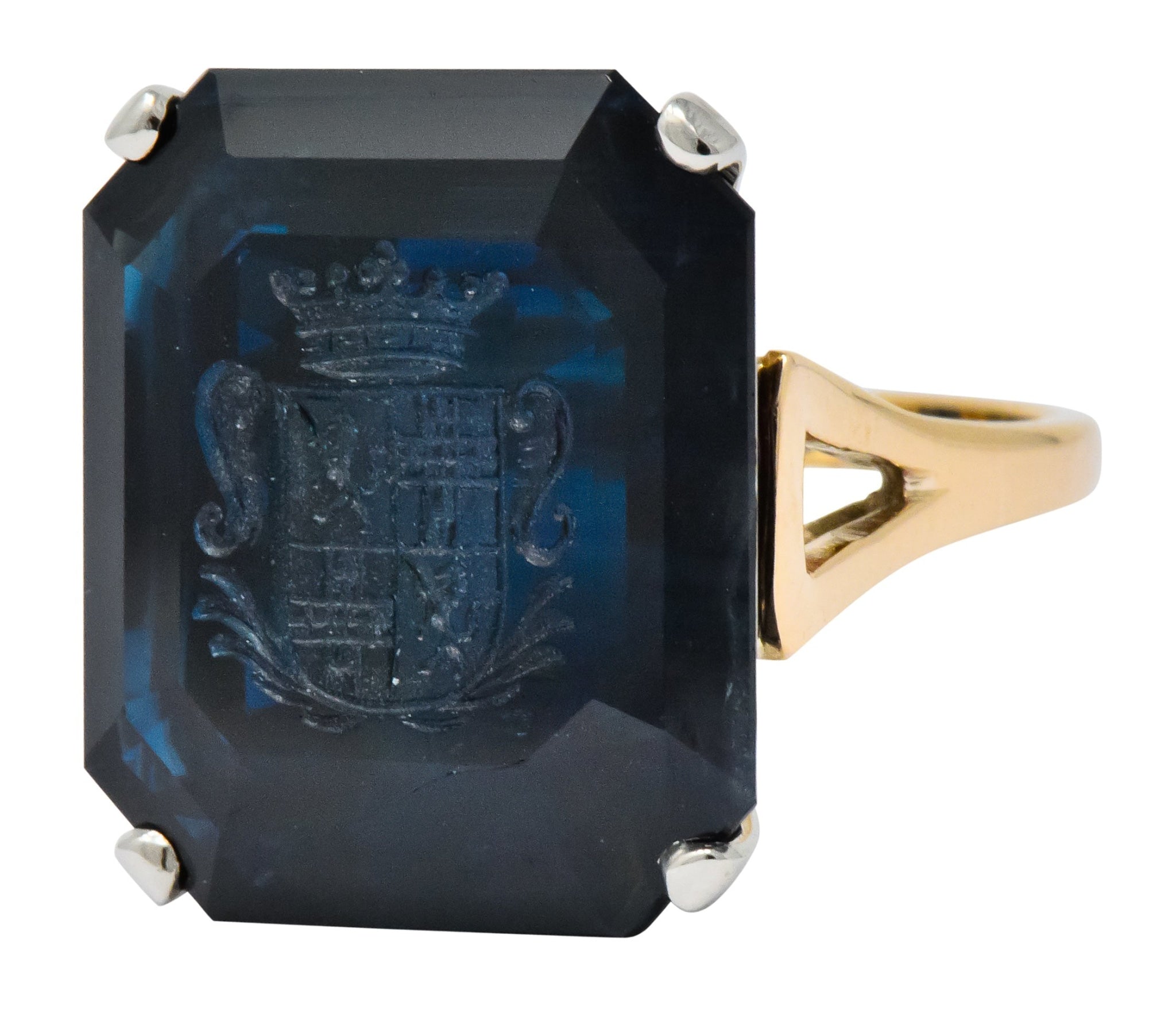Edwardian 23.88 CTW No Heat Intaglio Sapphire Two-Tone 14 Karat Gold Ring GIA - Wilson's Estate Jewelry