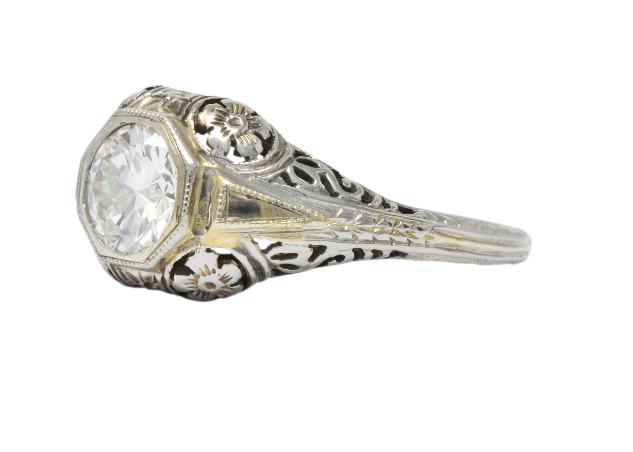 Exemplary Art Deco 0.70 CTW Diamond 18K White Gold Floral Filigree Engagement Ring Wilson's Estate Jewelry