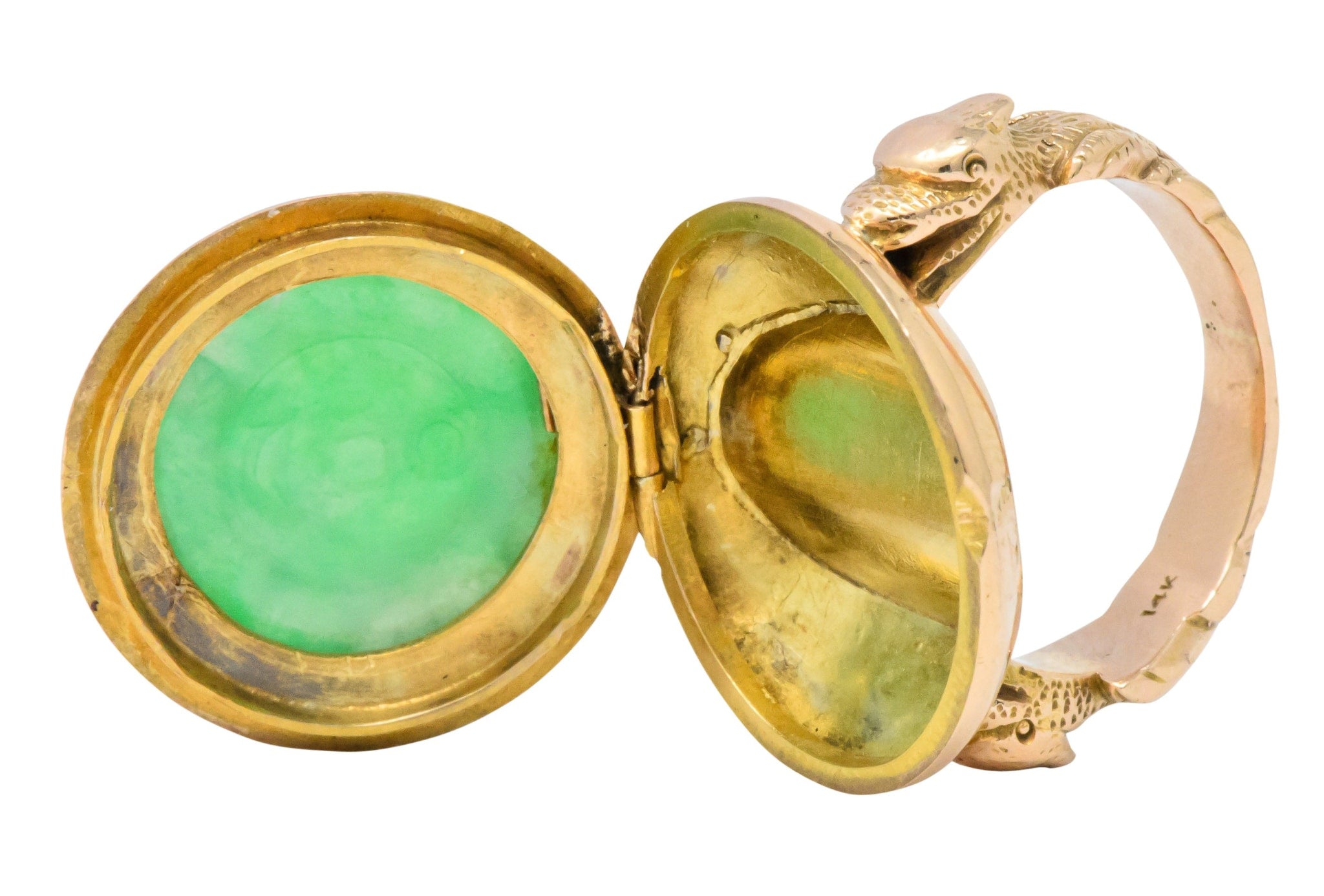 Fascinating Victorian Carved Jade 14 Karat Gold Poison Locket Ring - Wilson's Estate Jewelry