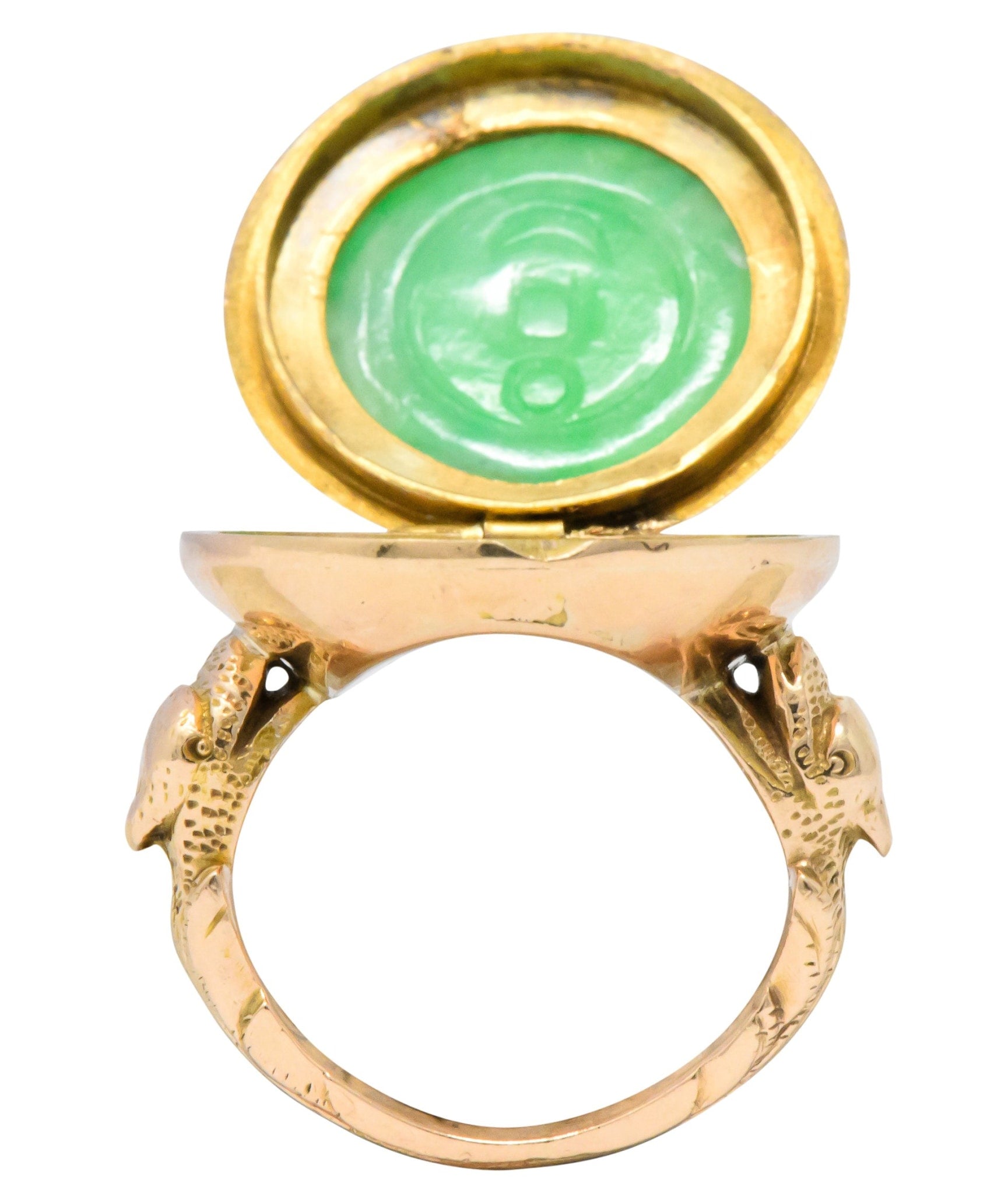 Fascinating Victorian Carved Jade 14 Karat Gold Poison Locket Ring - Wilson's Estate Jewelry