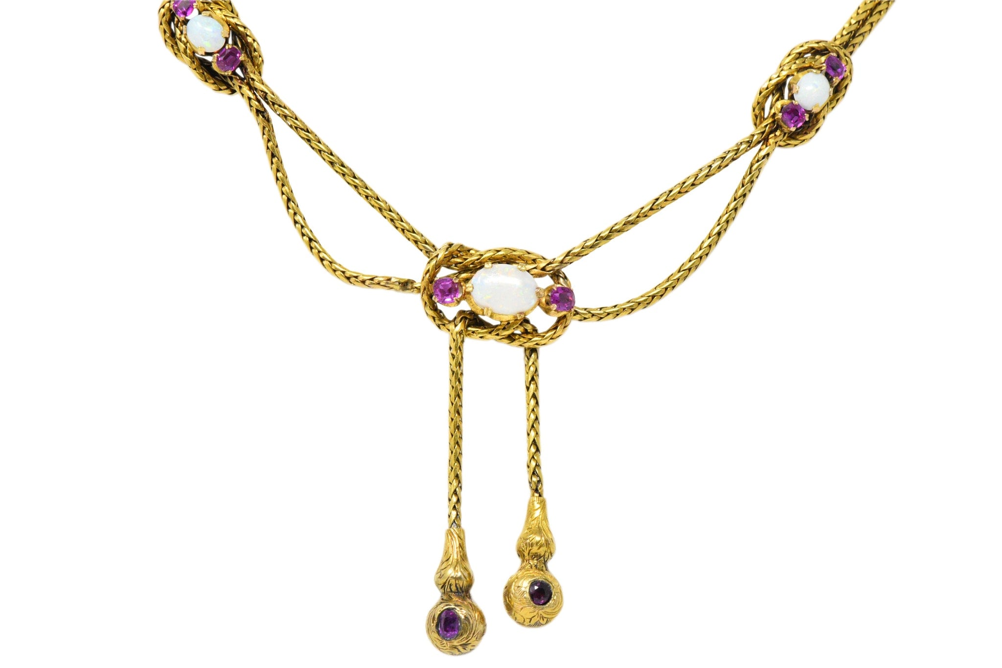 Georgian 1.20 CTW Pink Sapphire Opal 18 Karat Gold Negligee Rope Necklace Wilson's Estate Jewelry