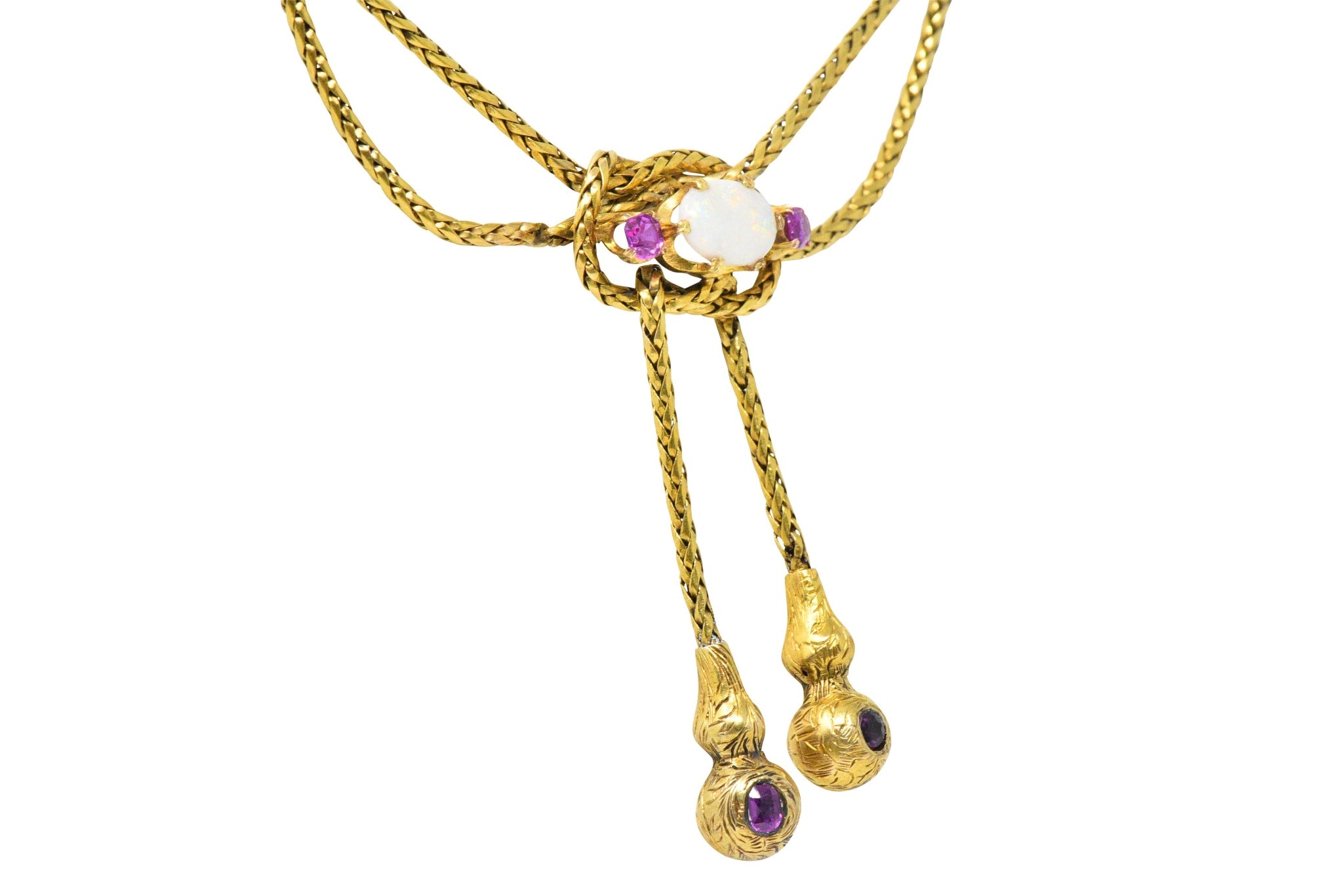 Georgian 1.20 CTW Pink Sapphire Opal 18 Karat Gold Negligee Rope Necklace Wilson's Estate Jewelry