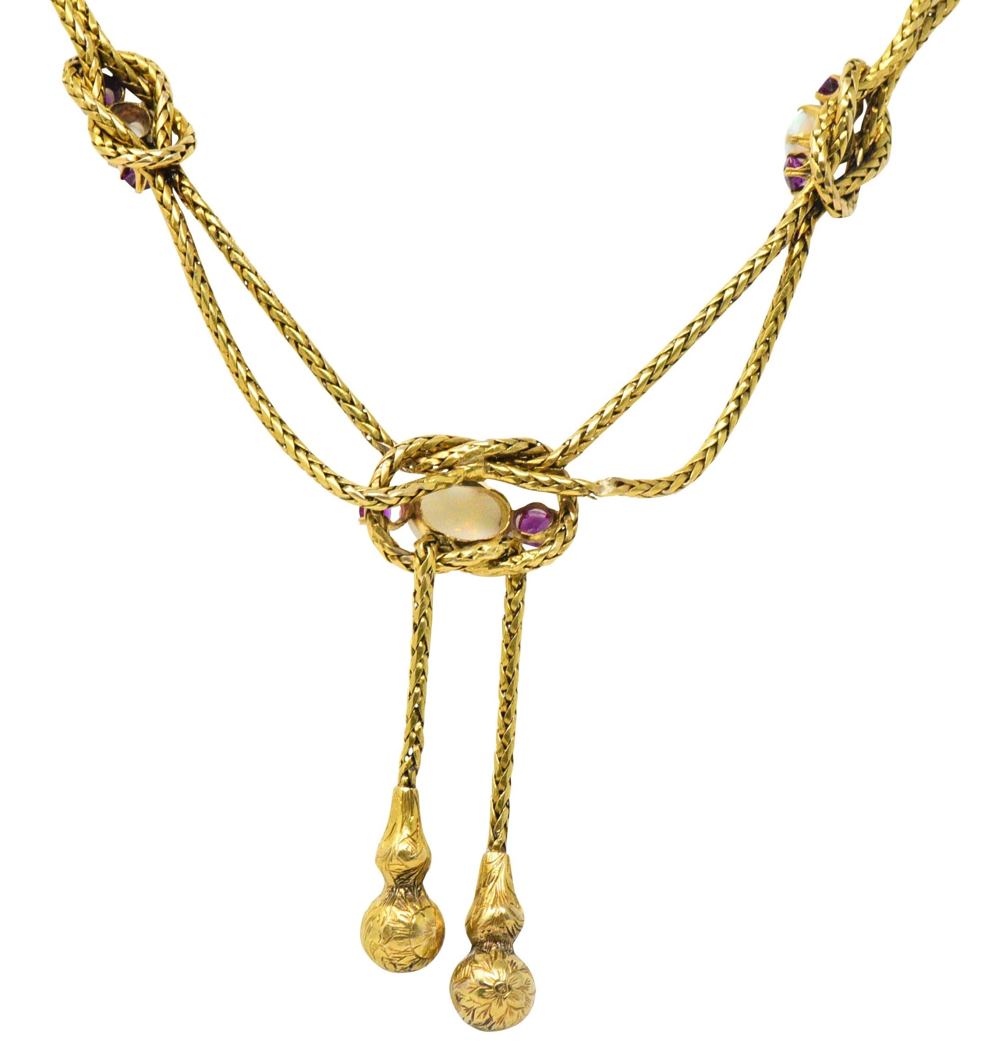 Georgian 1.20 CTW Pink Sapphire Opal 18 Karat Gold Negligee Rope Necklace Wilson's Estate Jewelry