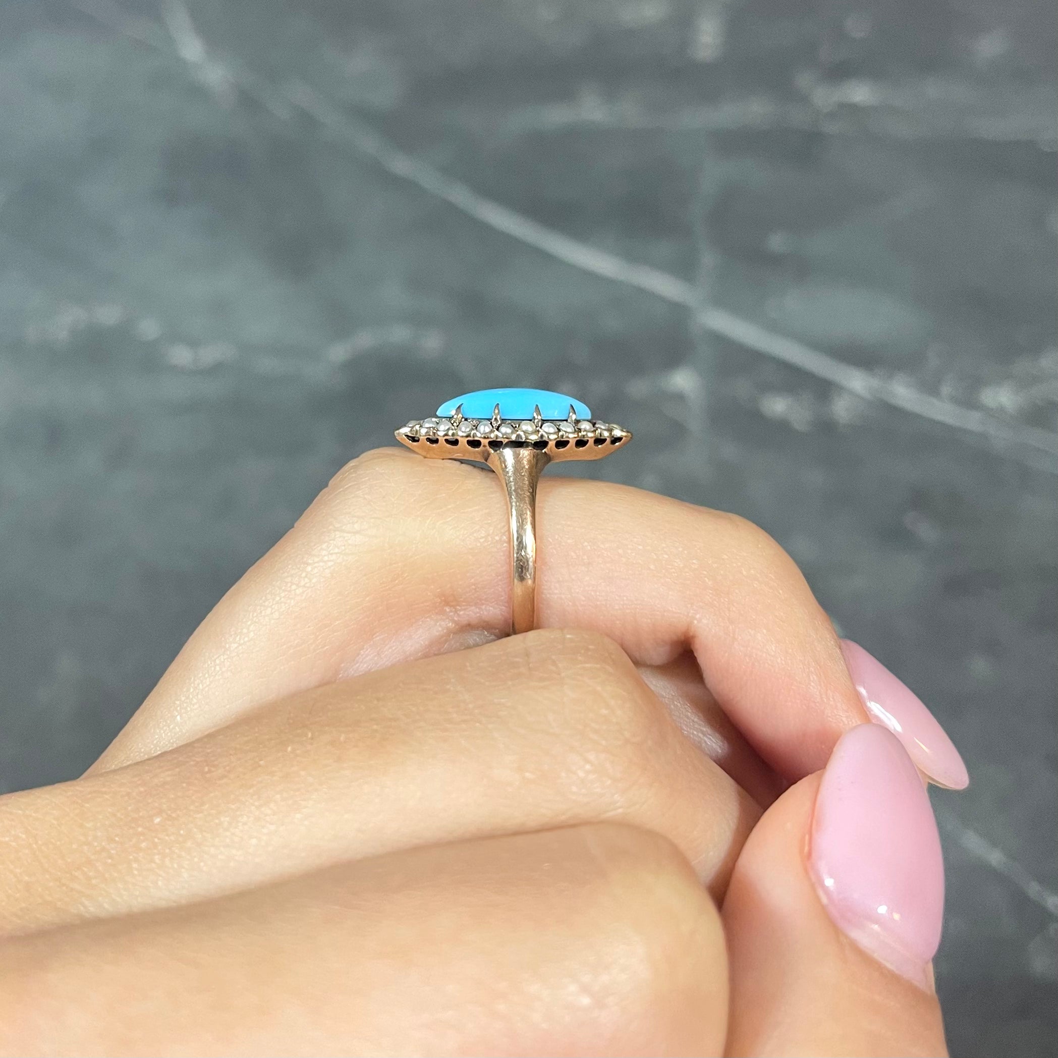 Victorian Turquoise Pearl 10 Karat Rose Gold Antique Navette Halo Ring Wilson's Estate Jewelry