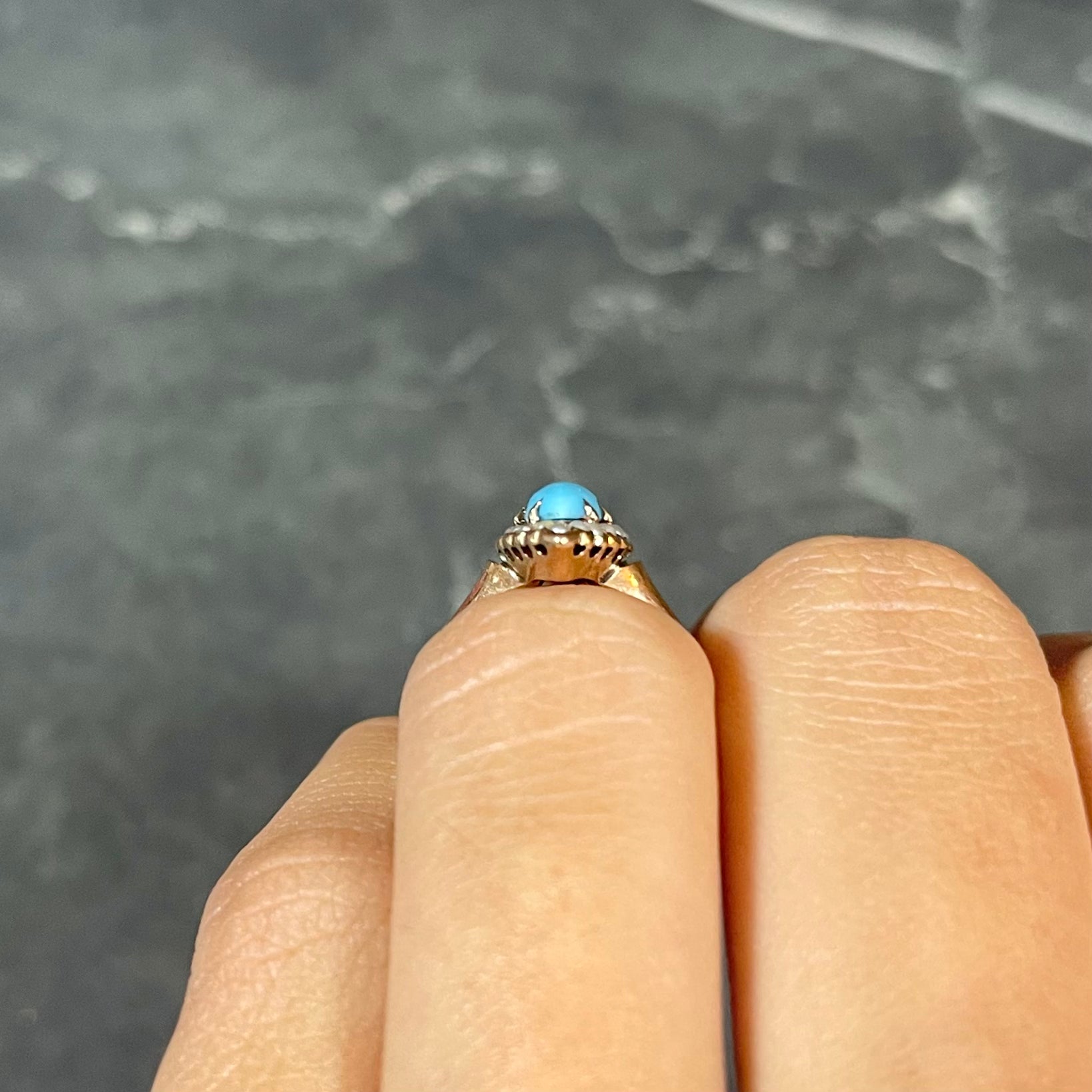Victorian Turquoise Pearl 10 Karat Rose Gold Antique Navette Halo Ring Wilson's Estate Jewelry