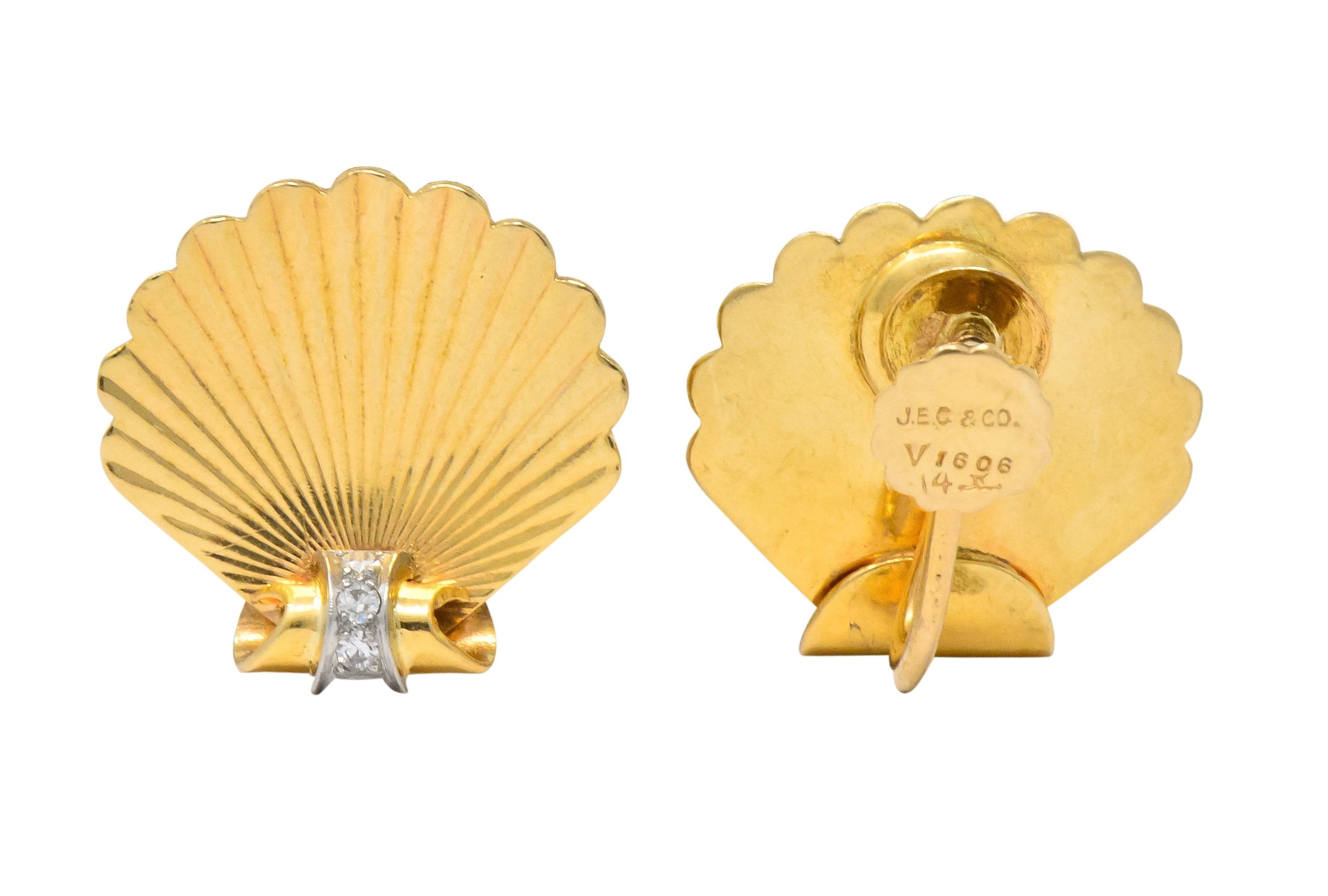 J.E. Caldwell Retro Diamond 14 Karat Gold Seashell Screw Back Earrings Wilson's Estate Jewelry