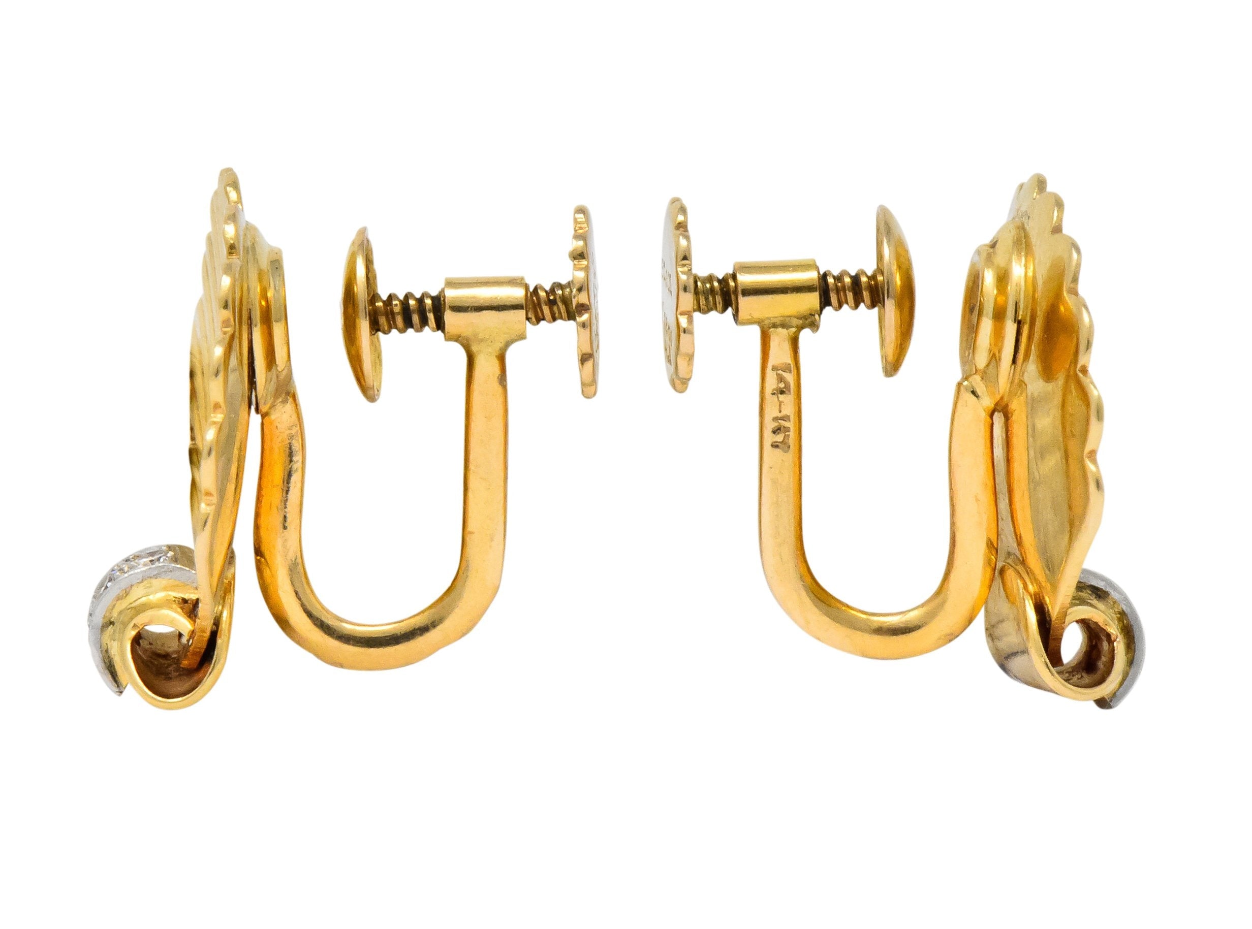 J.E. Caldwell Retro Diamond 14 Karat Gold Seashell Screw Back Earrings Wilson's Estate Jewelry