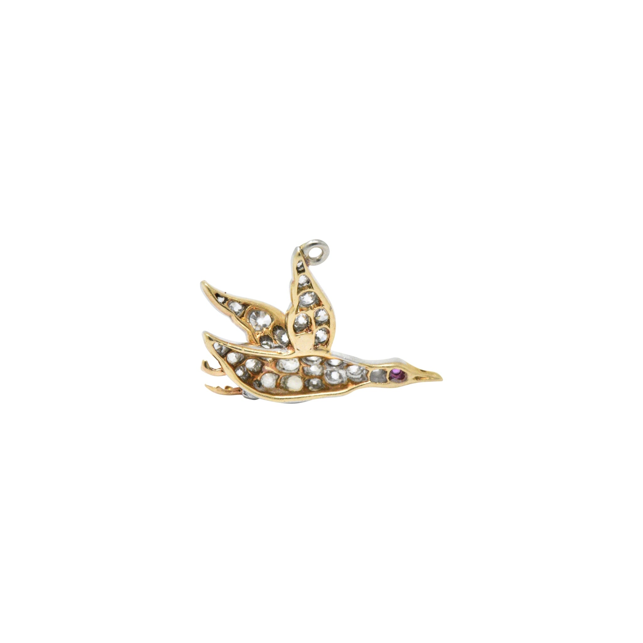 Late Victorian .40CTW Diamond Ruby & Platinum-Topped Yellow Gold Bird Charm Wilson's Estate Jewelry