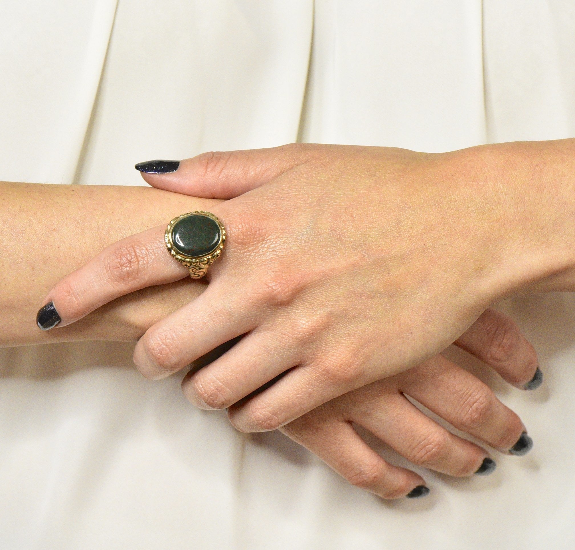 Late Victorian German Bloodstone 8 Karat Gold Unisex Ring Circa 1890 - Wilson's Estate Jewelry