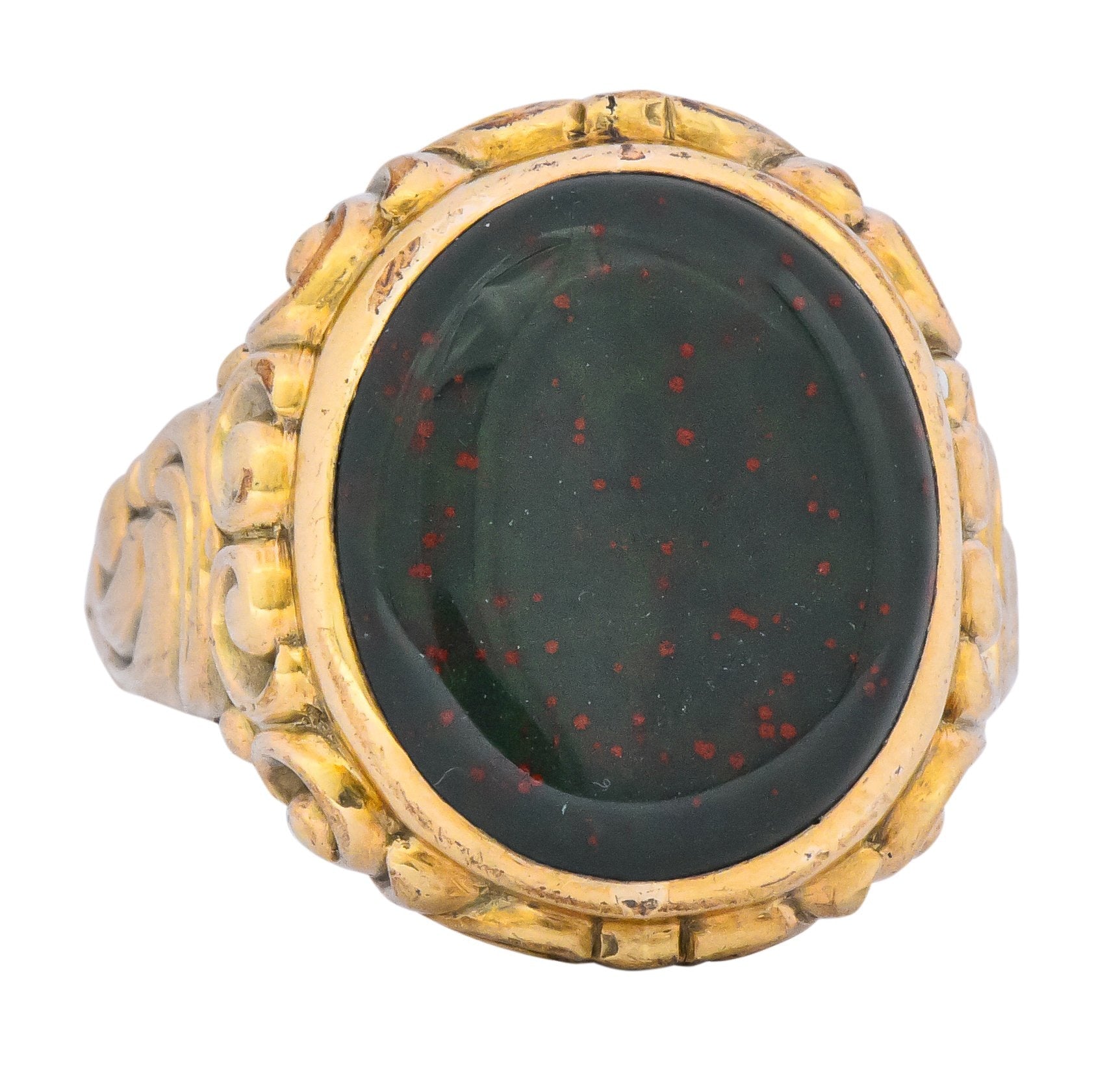 Late Victorian German Bloodstone 8 Karat Gold Unisex Ring Circa 1890 - Wilson's Estate Jewelry