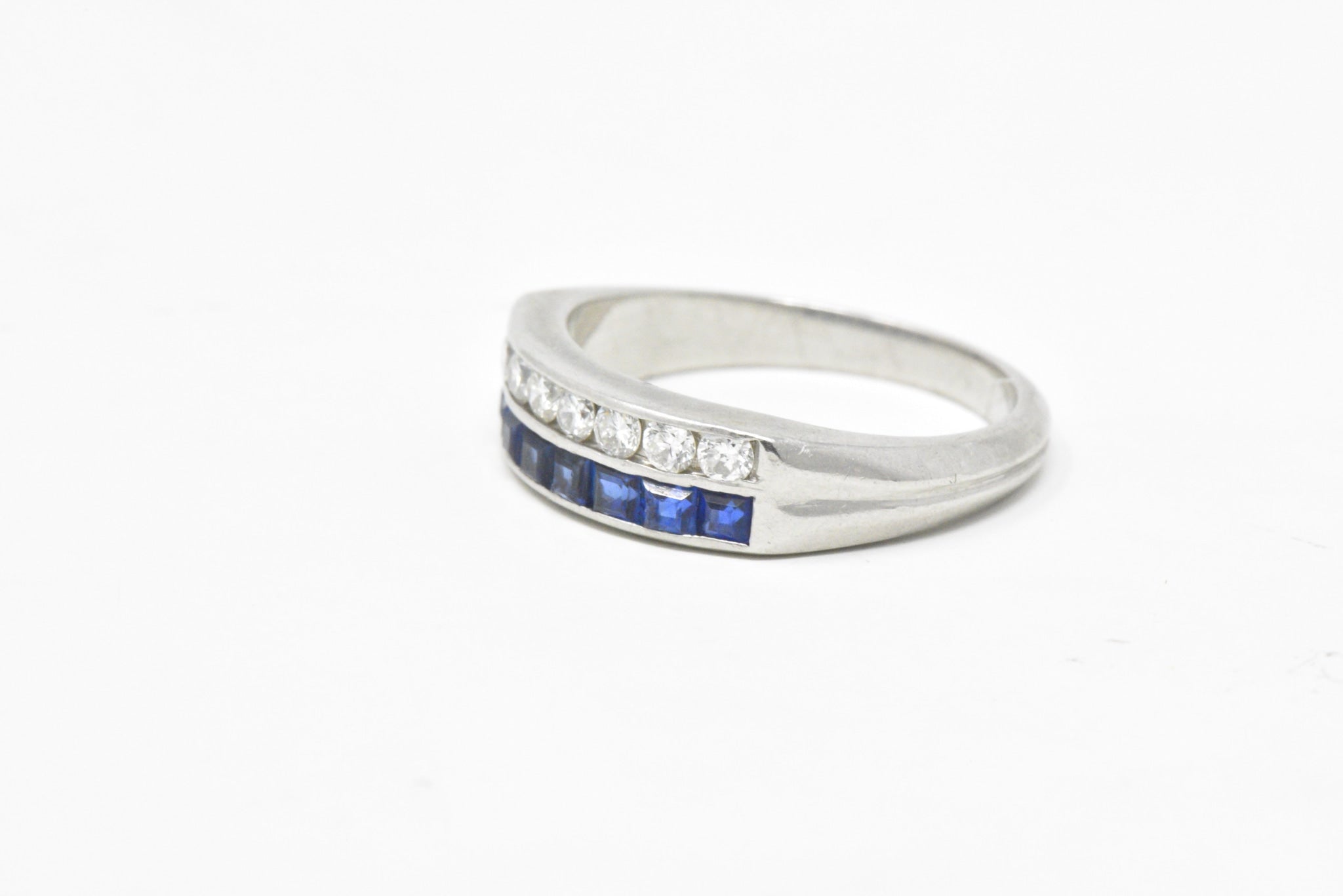 McTeigue & Co. Platinum Diamond & Blue Sapphire Ring Vintage Wedding Band Wilson's Estate Jewelry