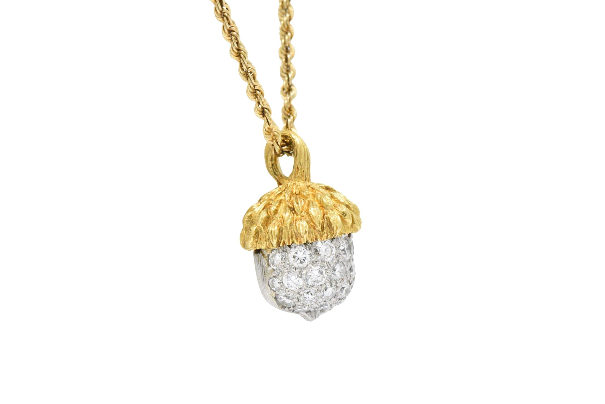 McTeigue Retro 1.20 CTW Diamond Platinum 18 Karat Gold Acorn Pendant Necklace Wilson's Estate Jewelry
