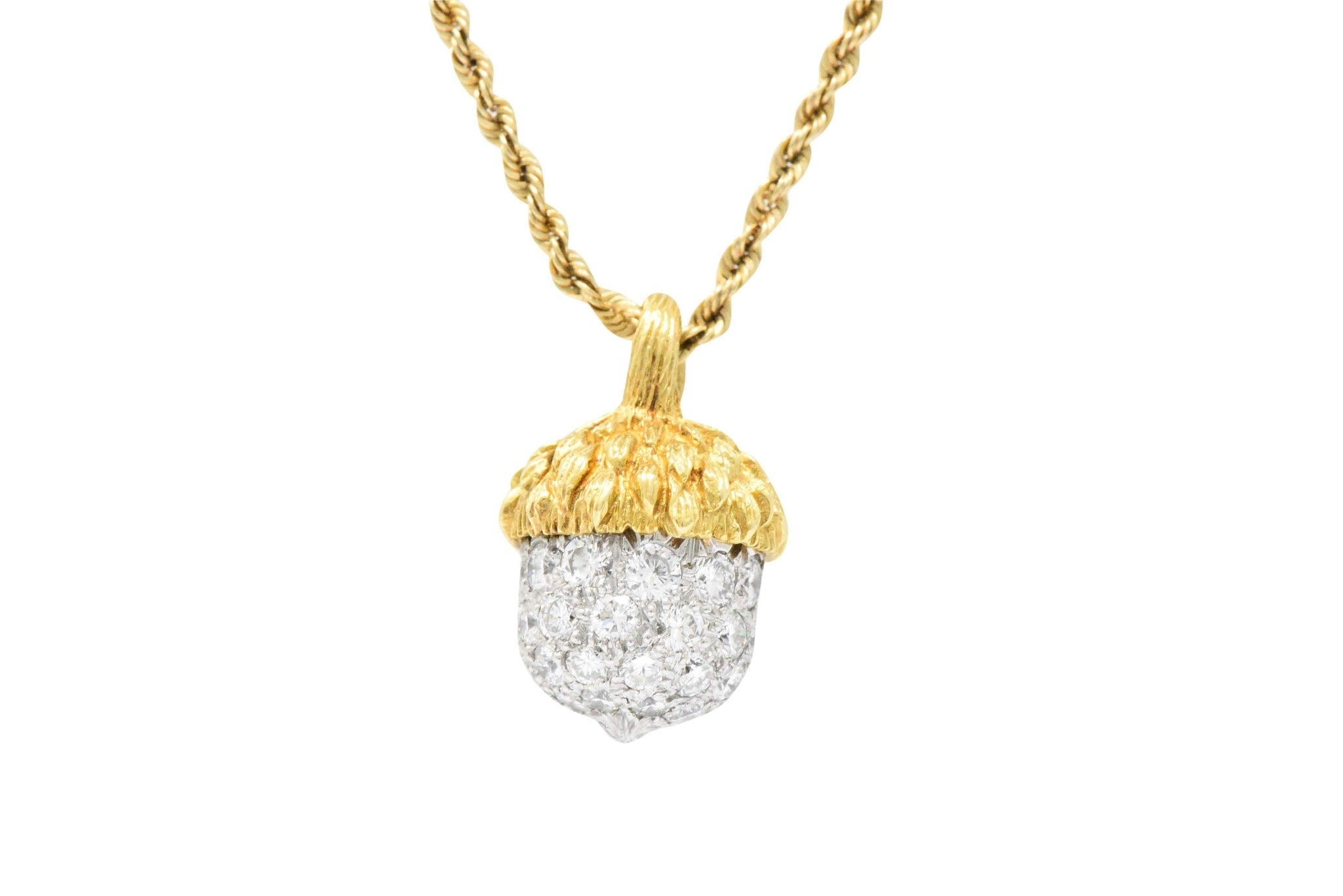 McTeigue Retro 1.20 CTW Diamond Platinum 18 Karat Gold Acorn Pendant Necklace Wilson's Estate Jewelry