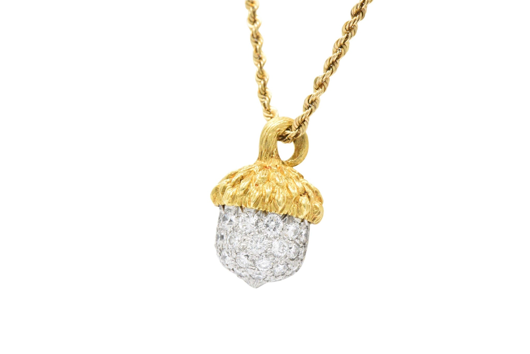 McTeigue Retro 1.20 CTW Diamond Platinum 18 Karat Gold Acorn Pendant Necklace Wilson's Estate Jewelry