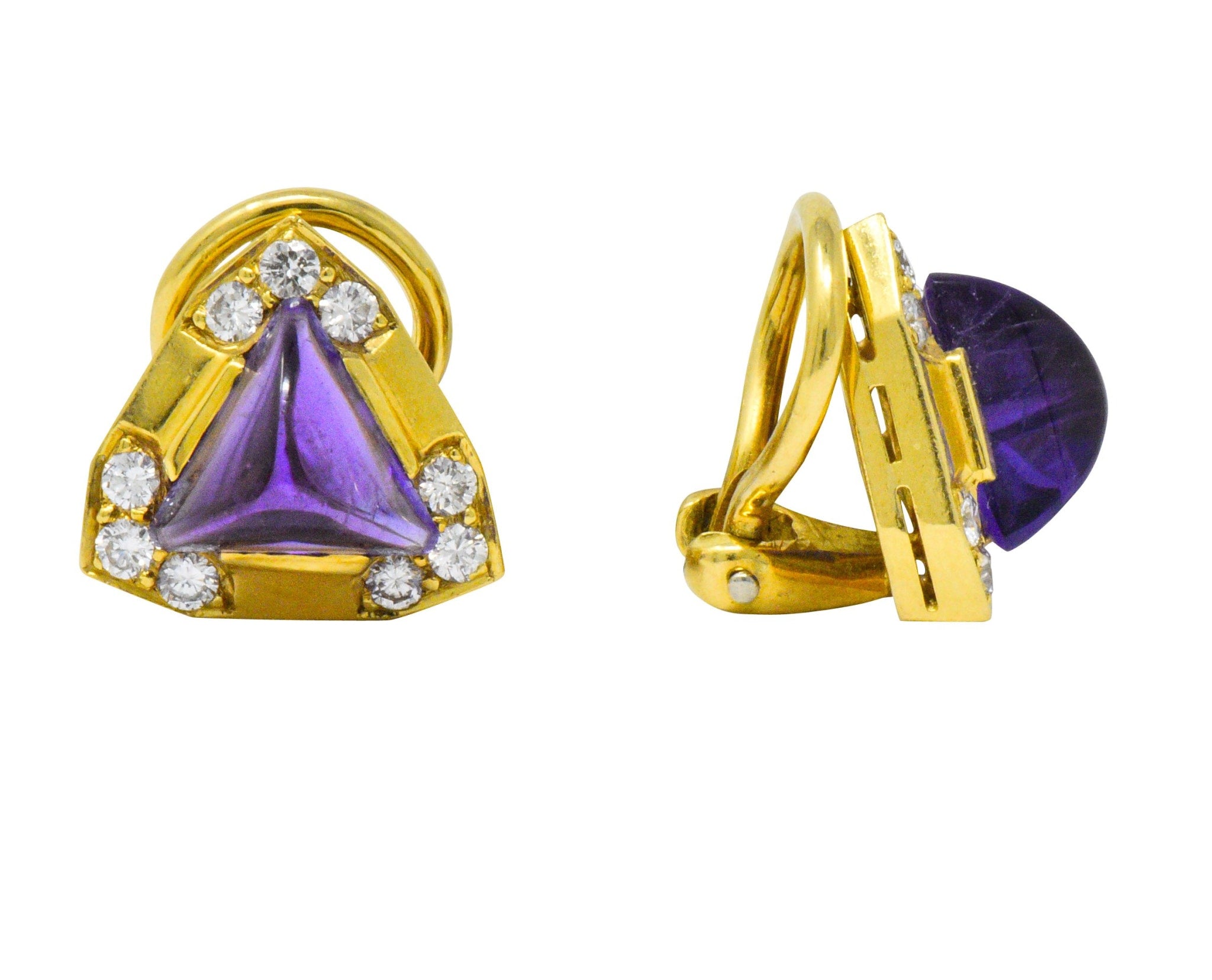 Modern 0.55 CTW Amethyst Diamond 18 Karat Gold Ear-Clips Earrings Wilson's Estate Jewelry