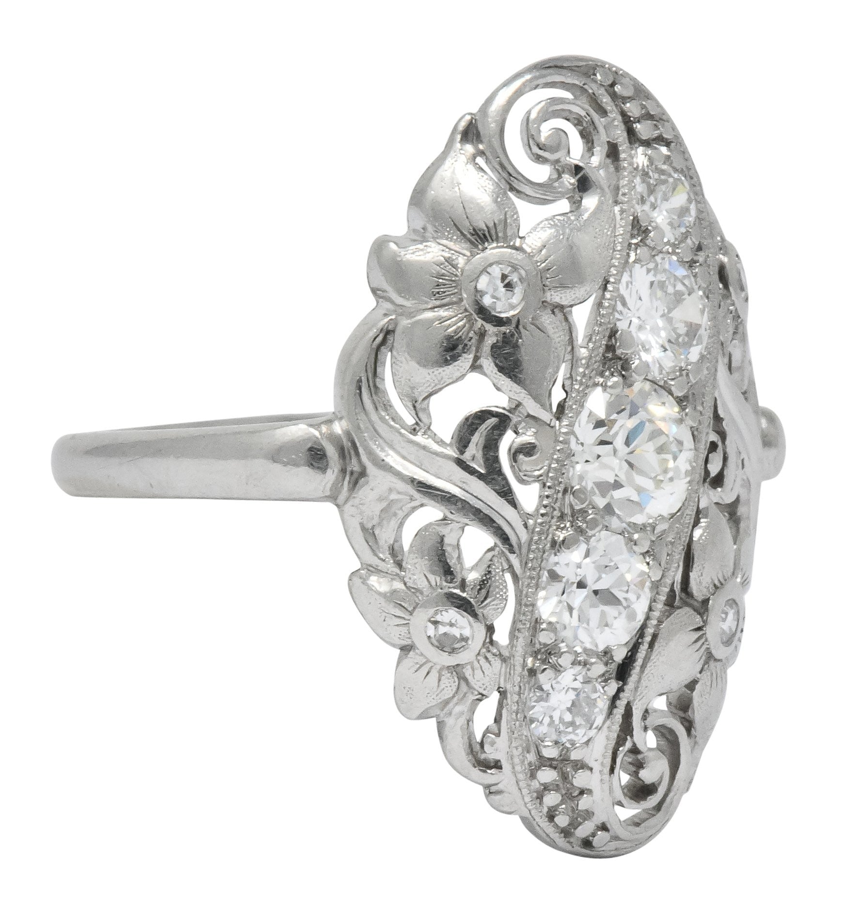 Ornate Edwardian 0.80 CTW Diamond Platinum Floral Dinner Ring Circa 1915 - Wilson's Estate Jewelry