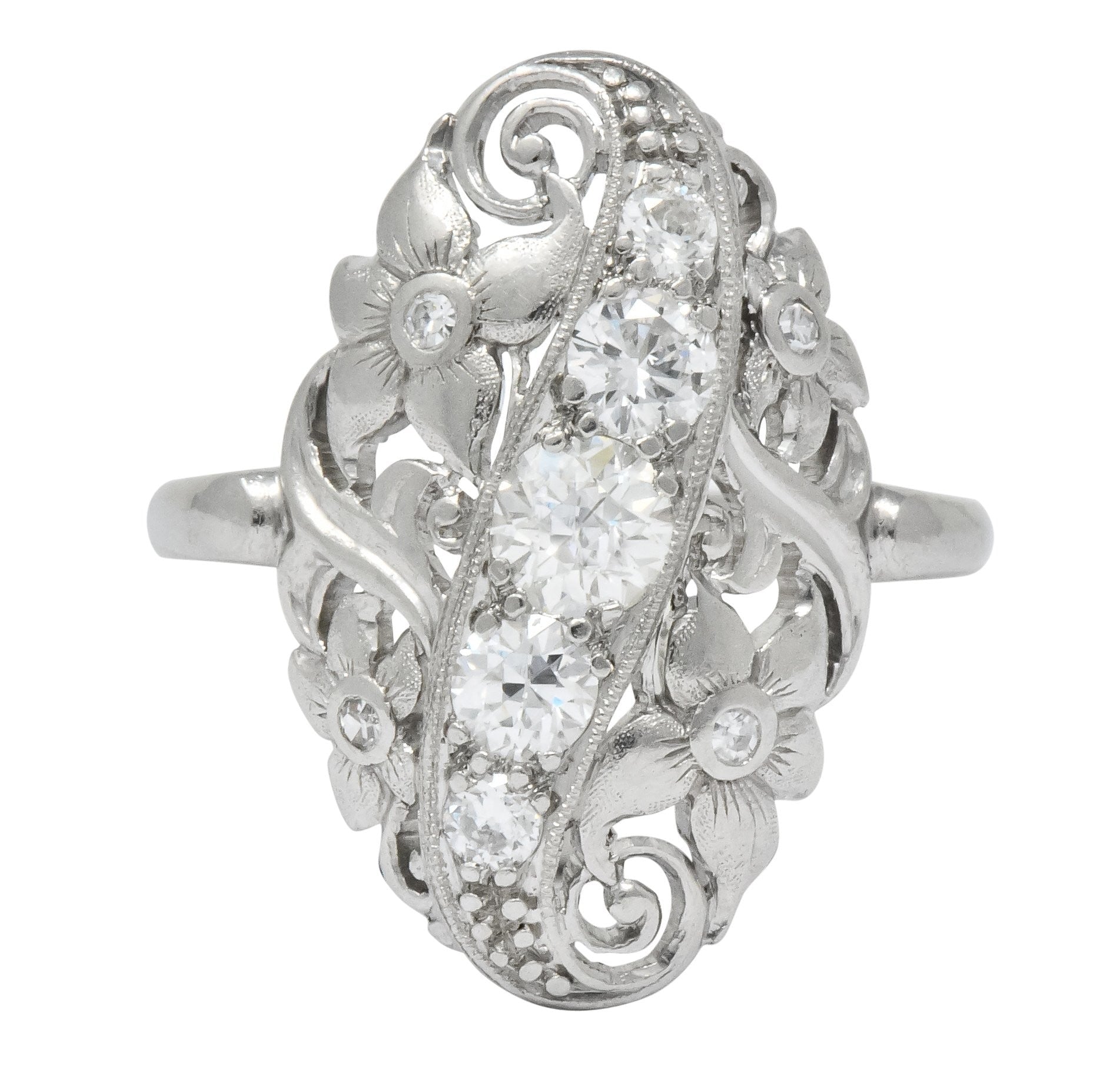Ornate Edwardian 0.80 CTW Diamond Platinum Floral Dinner Ring Circa 1915 - Wilson's Estate Jewelry