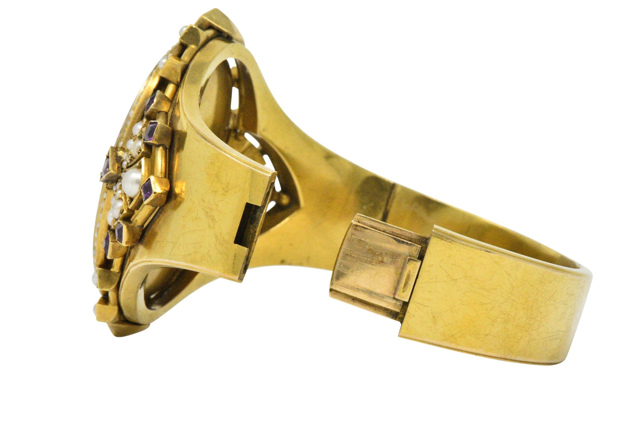 Ornate Victorian Pearl Ruby Painted Porcelain 14k Gold Bangle Bracelet Wilson's Estate Jewelry