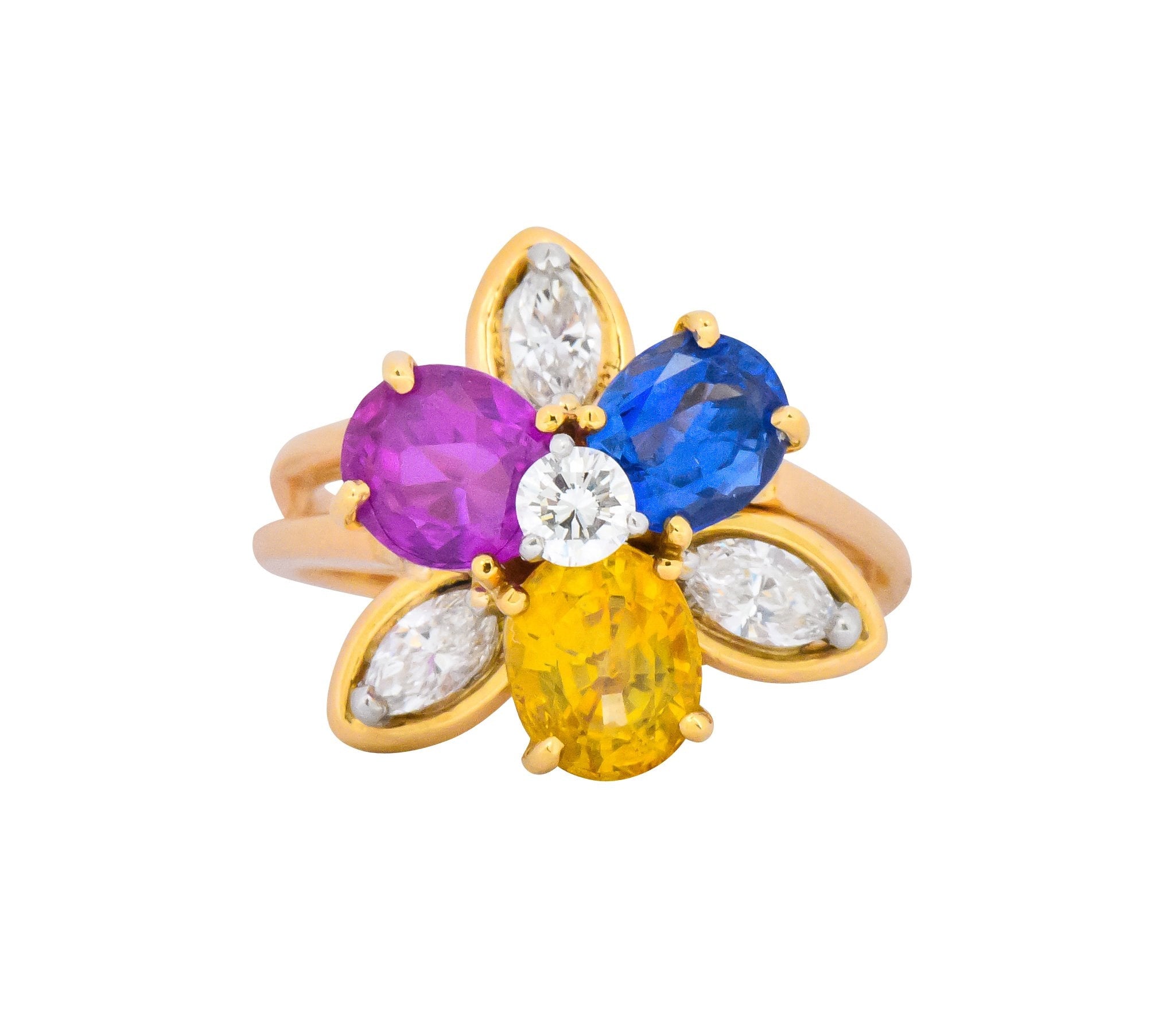 Oscar Heyman Bros. 4.05 CTW Sapphire Diamond 18 Karat Gold Floral Ring Wilson's Estate Jewelry