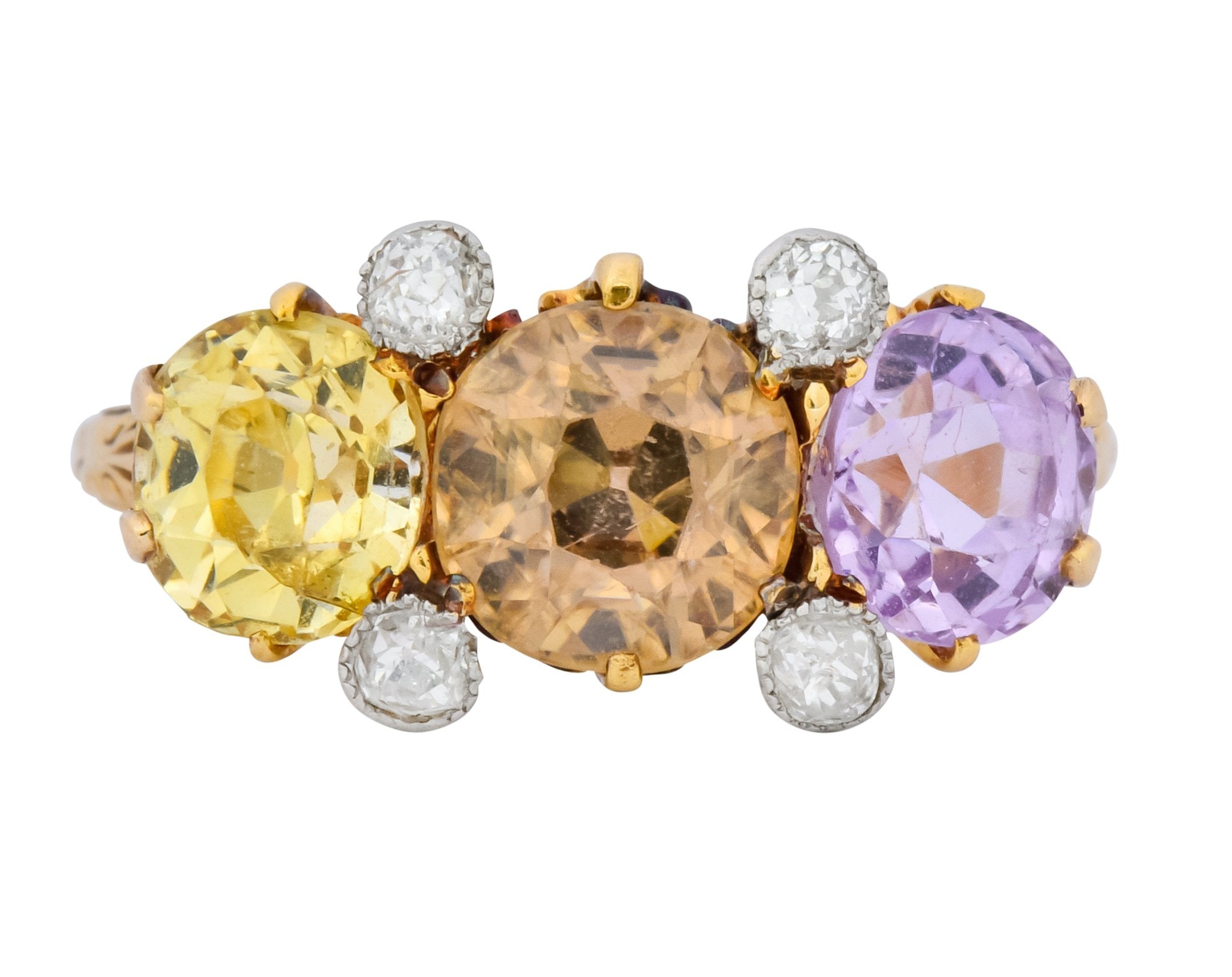 Pastel Victorian 5.42 CTW Sapphire Diamond 18 Karat Gold Three Stone Ring - Wilson's Estate Jewelry