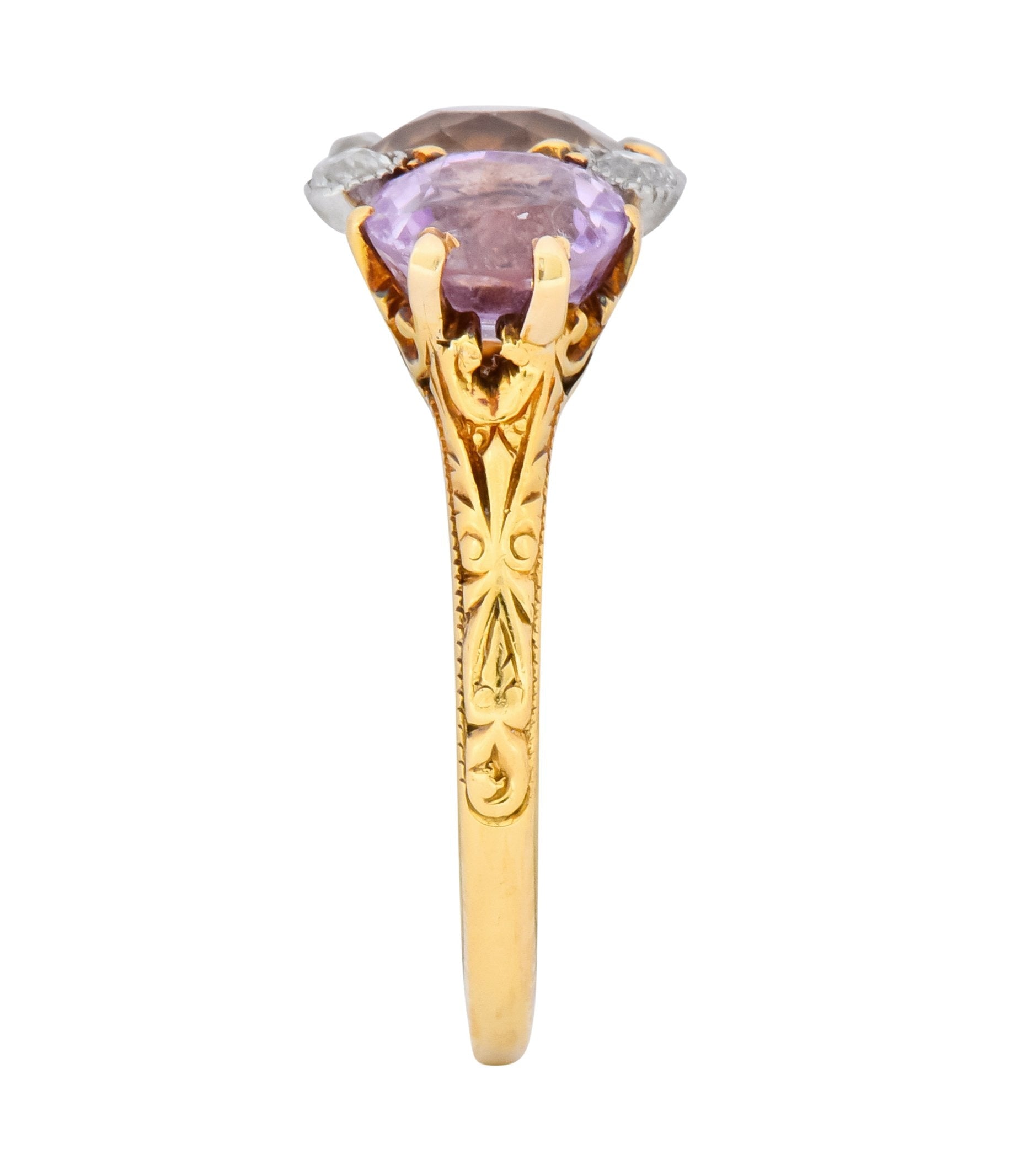 Pastel Victorian 5.42 CTW Sapphire Diamond 18 Karat Gold Three Stone Ring - Wilson's Estate Jewelry