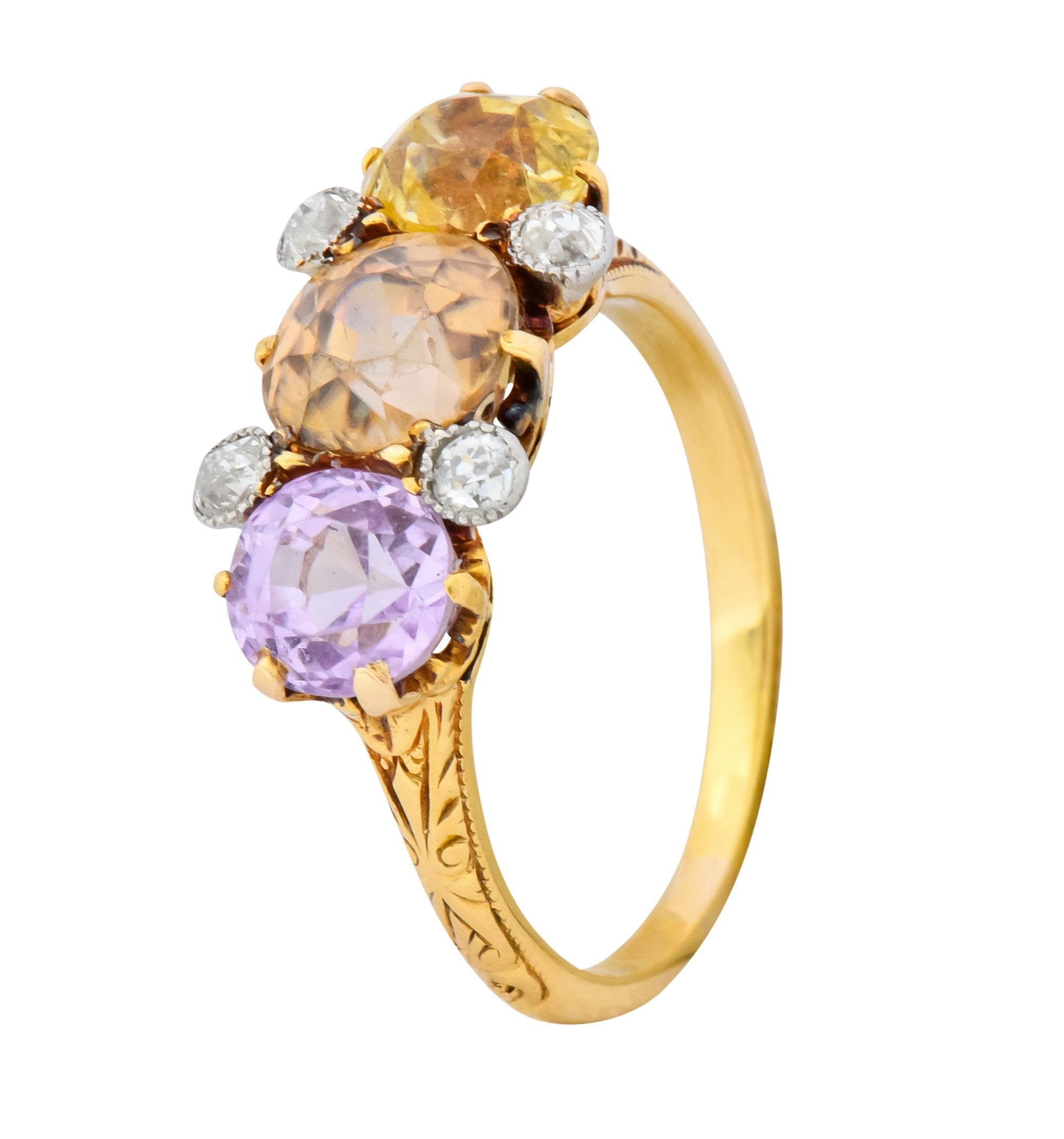 Pastel Victorian 5.42 CTW Sapphire Diamond 18 Karat Gold Three Stone Ring - Wilson's Estate Jewelry