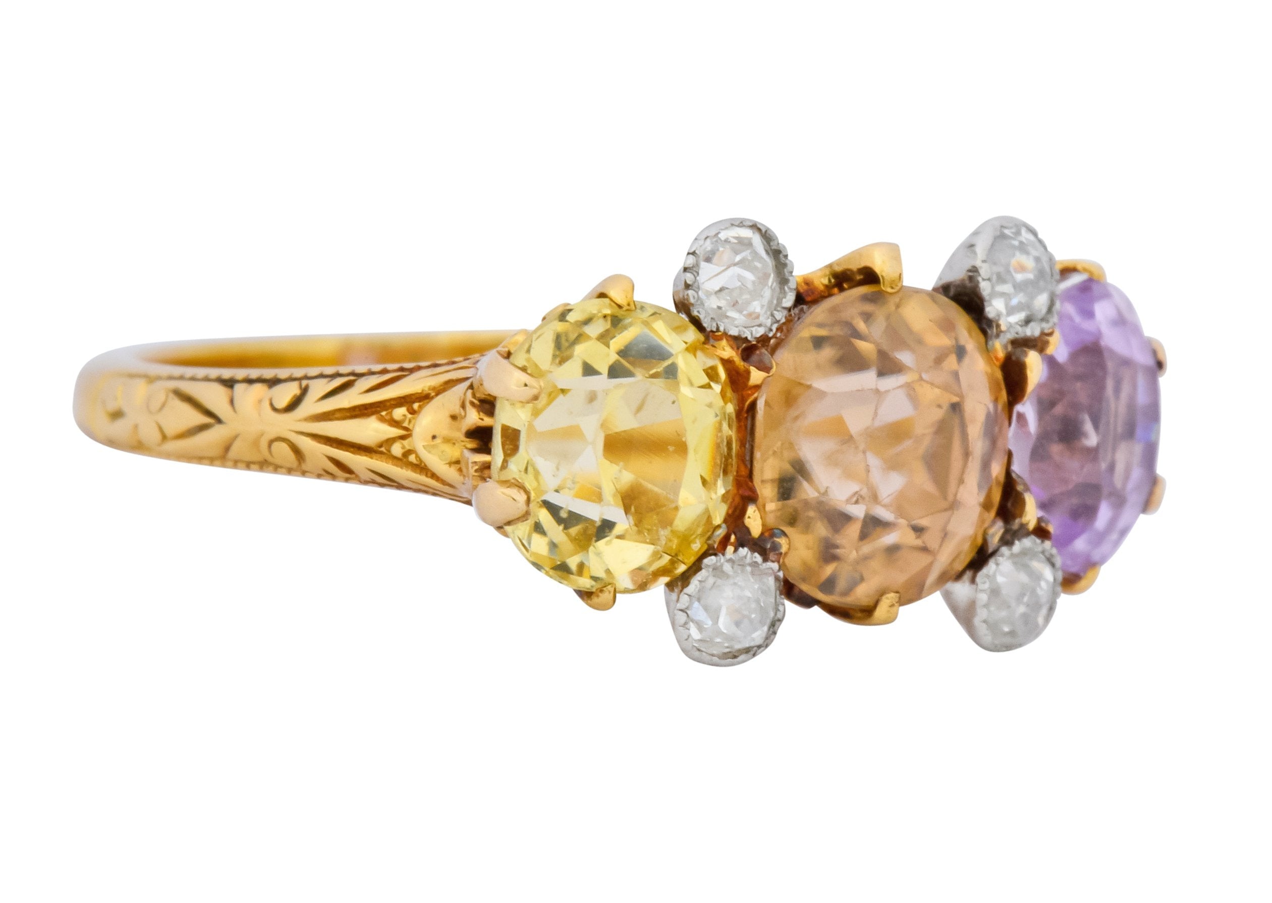 Pastel Victorian 5.42 CTW Sapphire Diamond 18 Karat Gold Three Stone Ring - Wilson's Estate Jewelry