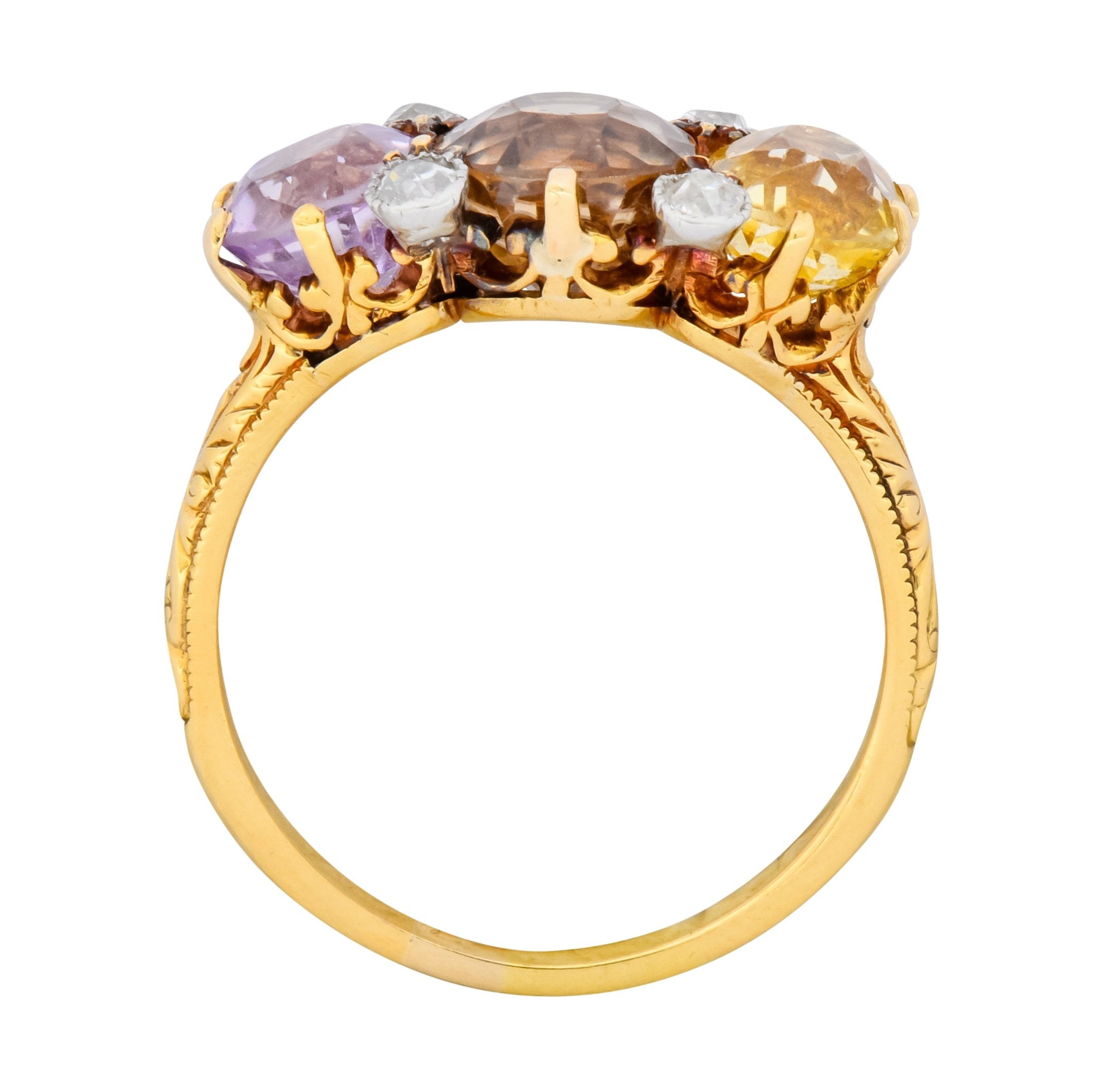 Pastel Victorian 5.42 CTW Sapphire Diamond 18 Karat Gold Three Stone Ring - Wilson's Estate Jewelry