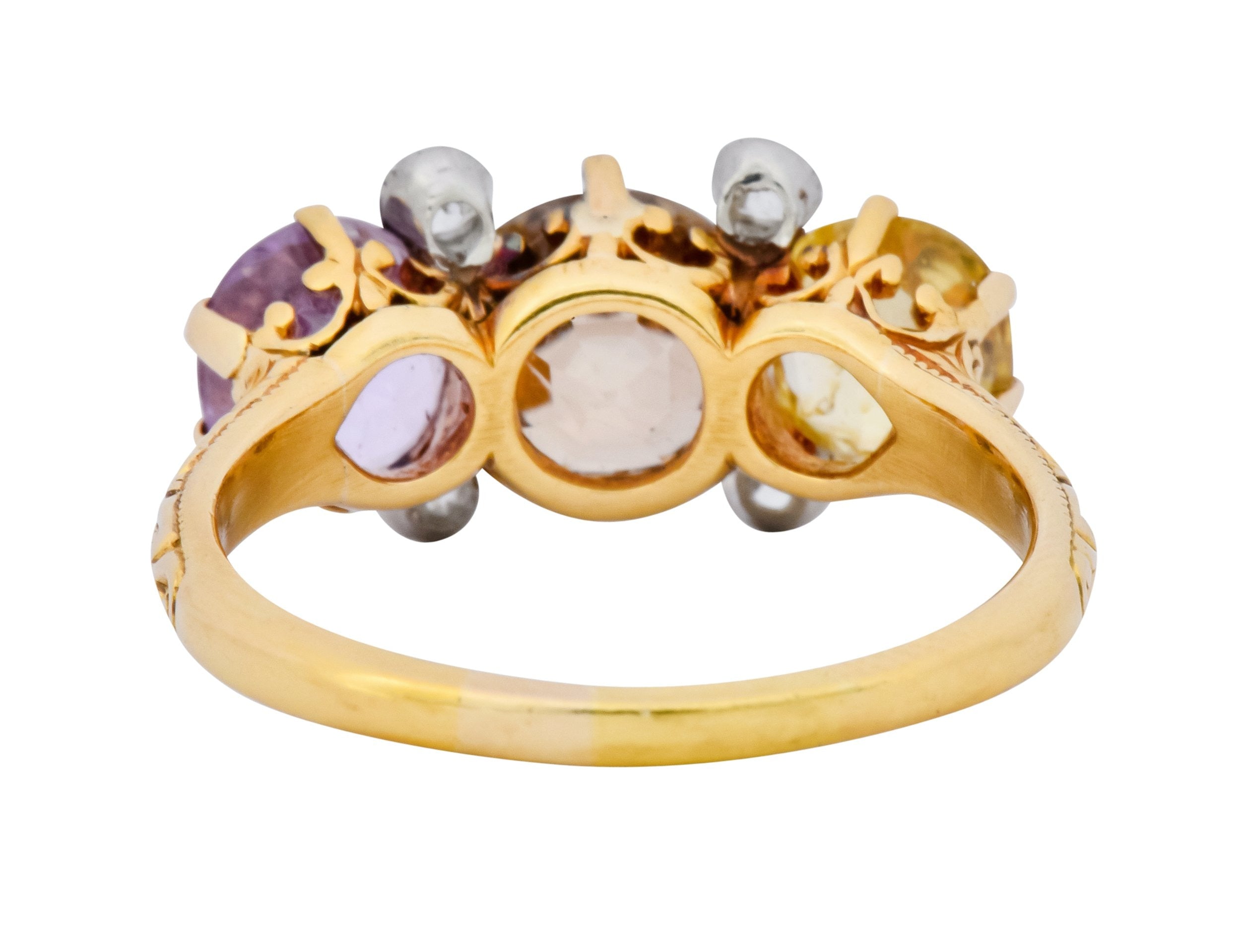 Pastel Victorian 5.42 CTW Sapphire Diamond 18 Karat Gold Three Stone Ring - Wilson's Estate Jewelry