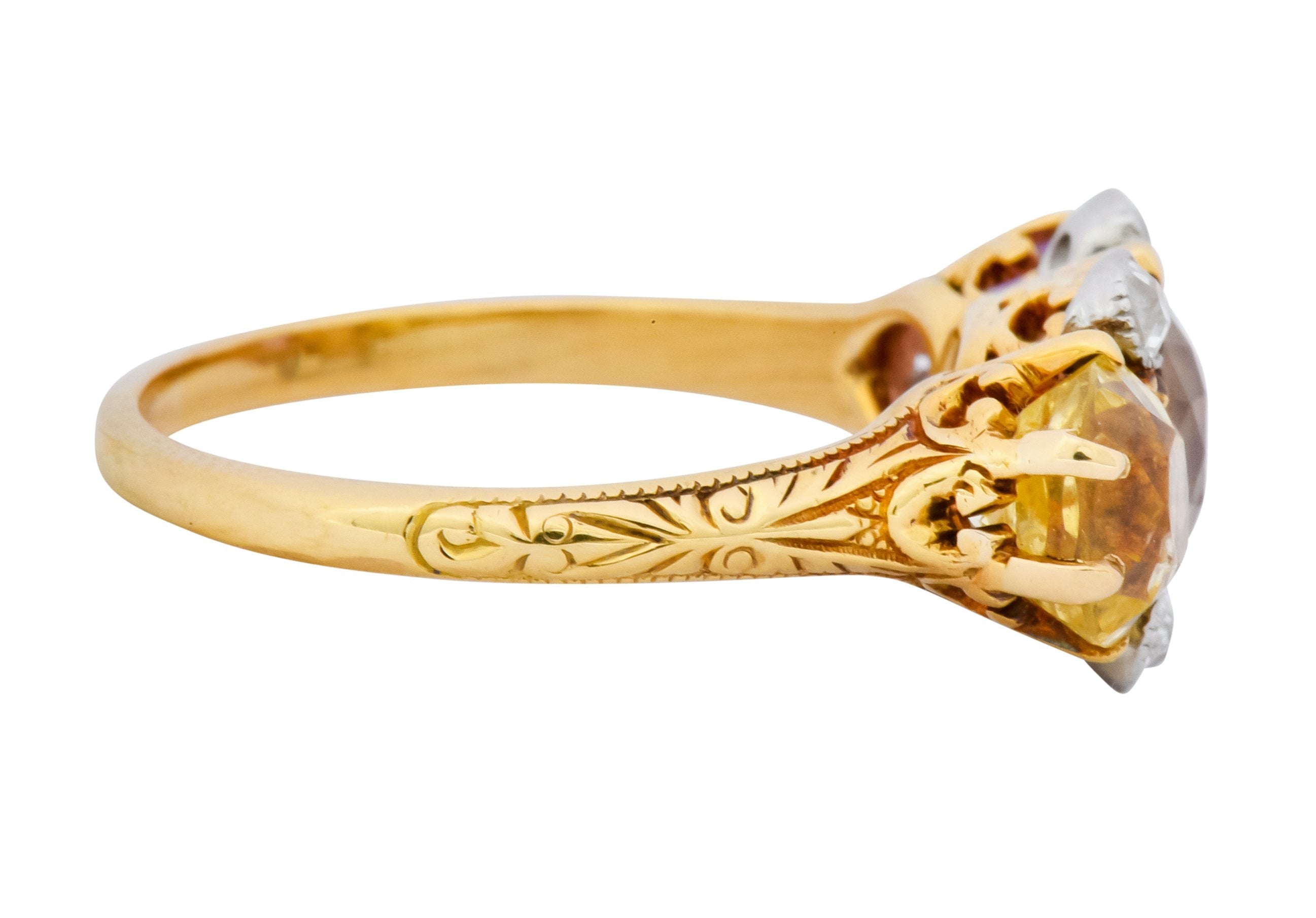 Pastel Victorian 5.42 CTW Sapphire Diamond 18 Karat Gold Three Stone Ring - Wilson's Estate Jewelry