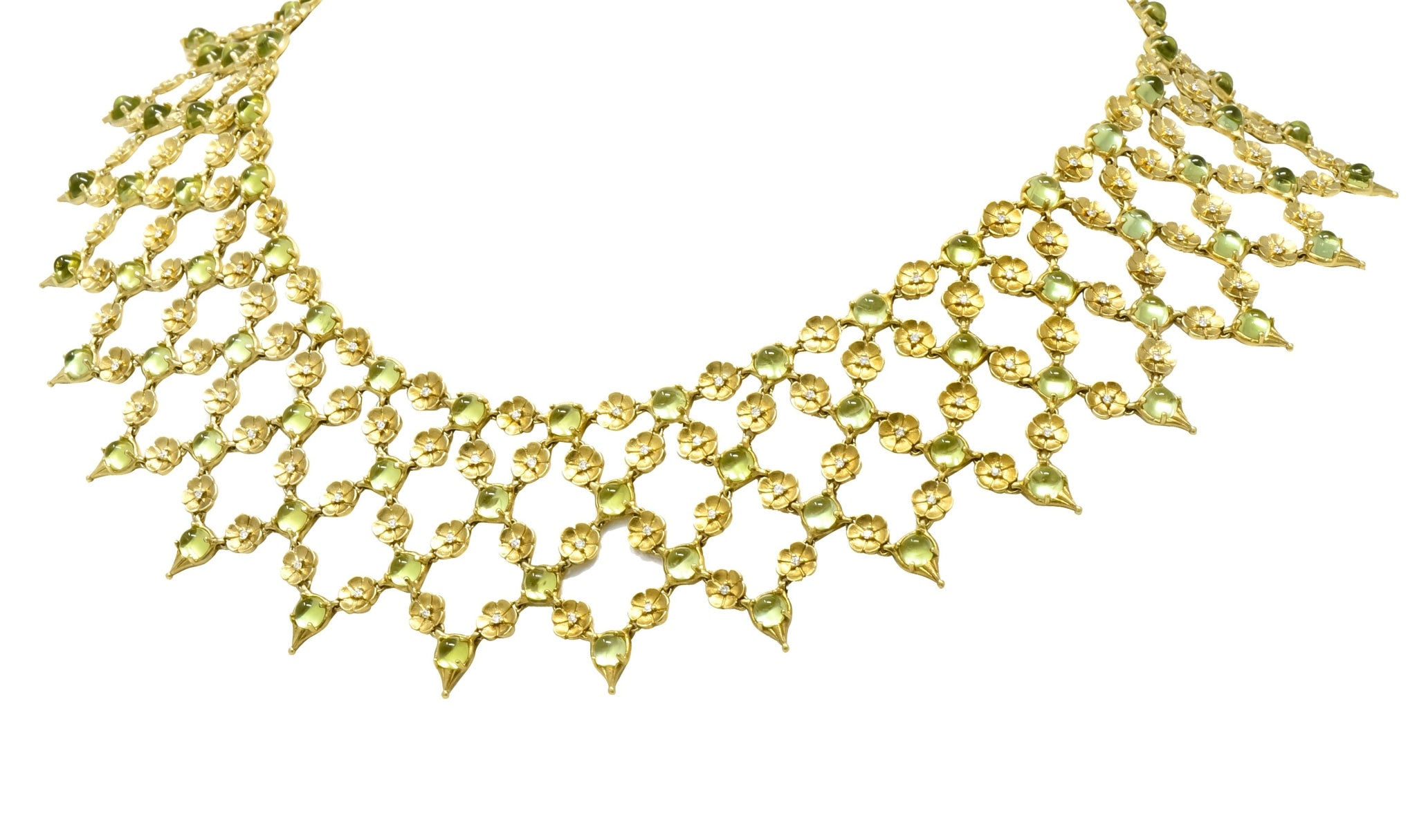 Paul Morelli 30.52 CTW Peridot Diamond 18 Karat Green Gold Floral Lace Fringe Necklace - Wilson's Estate Jewelry