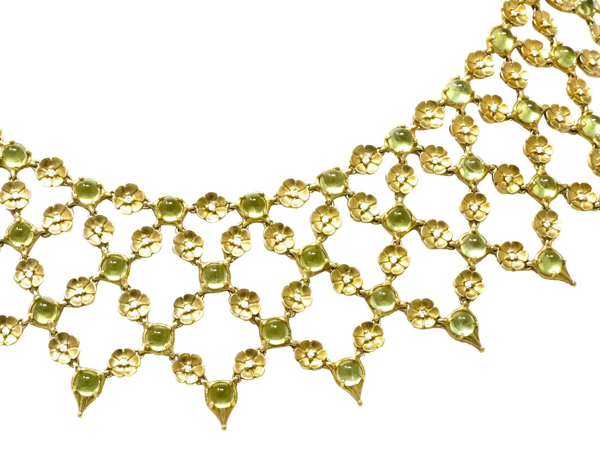 Paul Morelli 30.52 CTW Peridot Diamond 18 Karat Green Gold Floral Lace Fringe Necklace - Wilson's Estate Jewelry