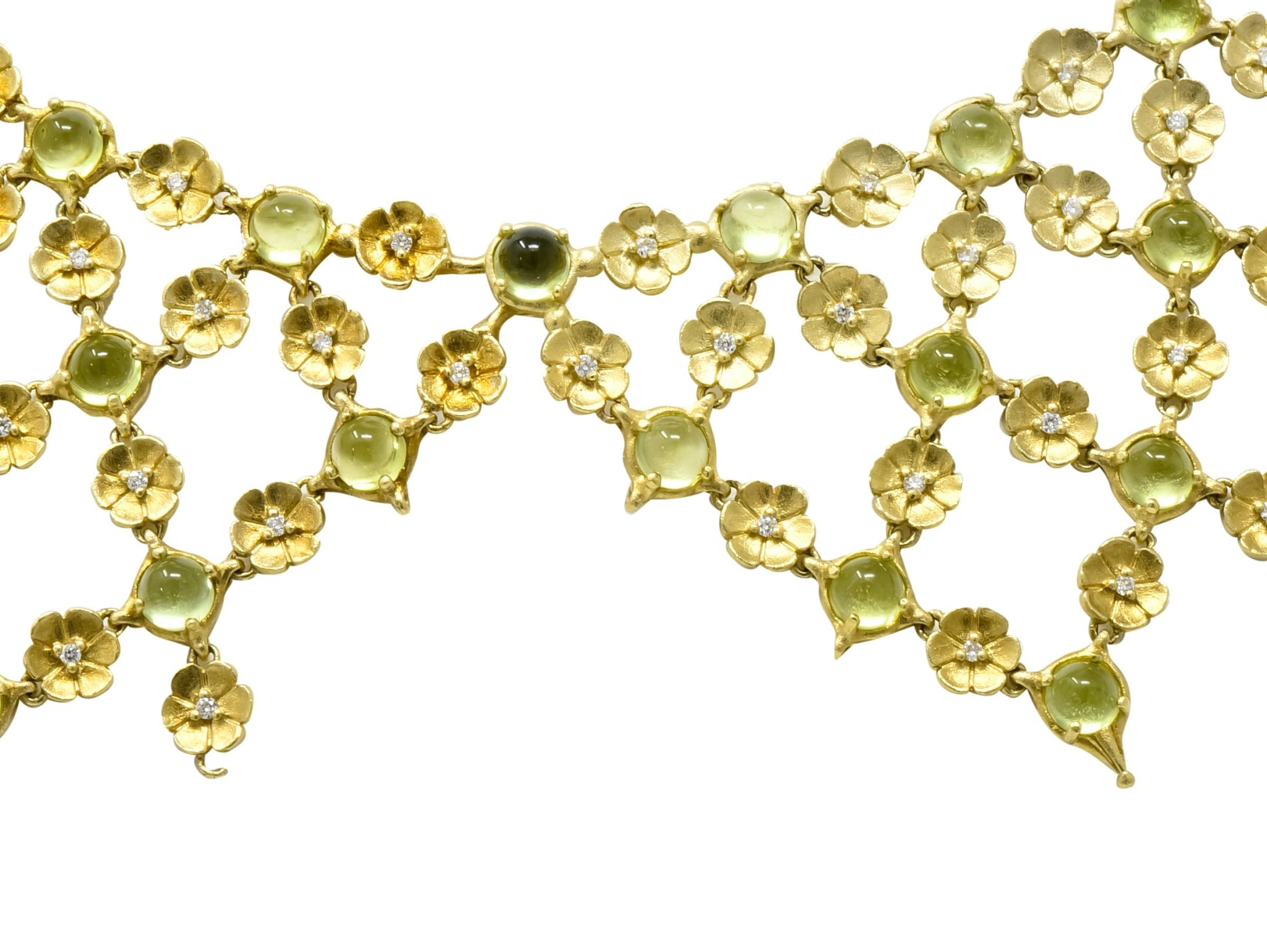 Paul Morelli 30.52 CTW Peridot Diamond 18 Karat Green Gold Floral Lace Fringe Necklace - Wilson's Estate Jewelry