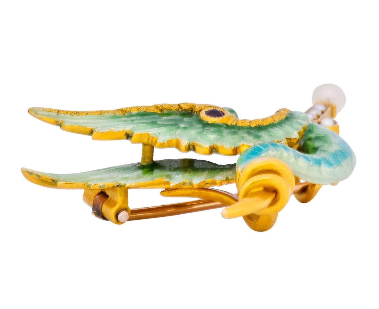 Riker Bros. Art Nouveau Enamel Ruby Diamond Pearl Serpent Dragon Sword Brooch - Wilson's Estate Jewelry