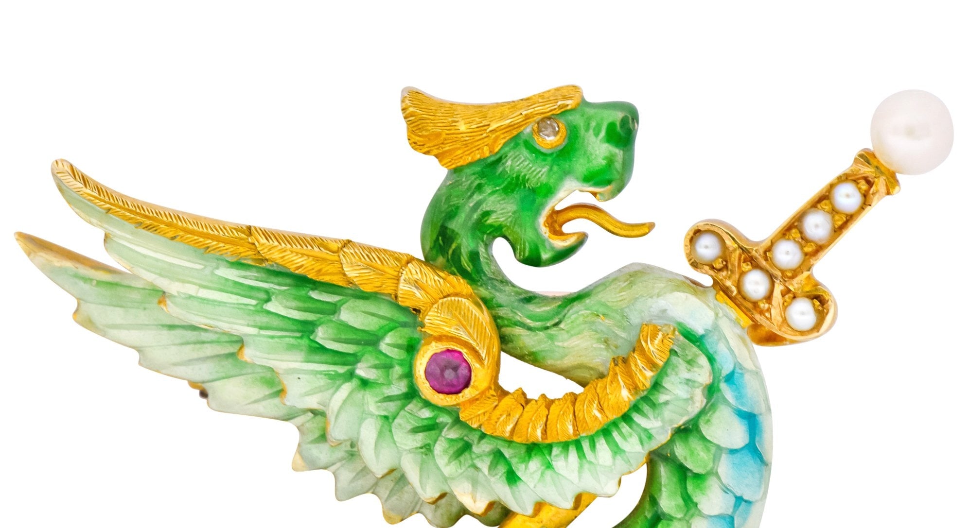 Riker Bros. Art Nouveau Enamel Ruby Diamond Pearl Serpent Dragon Sword Brooch - Wilson's Estate Jewelry