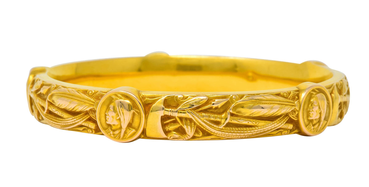 Riker Brothers Art Nouveau 14 Karat Gold Native American Bangle Bracelet - Wilson's Estate Jewelry