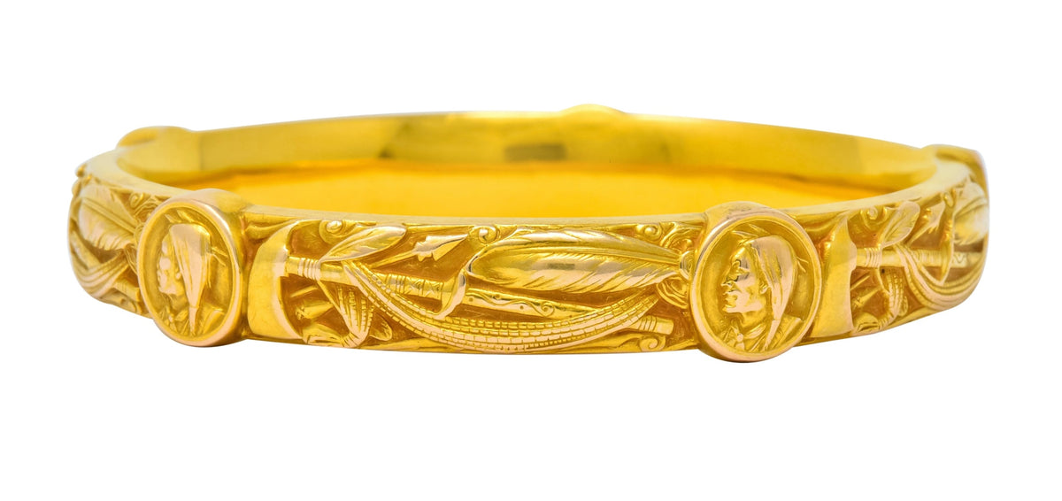 Riker Brothers Art Nouveau 14 Karat Gold Native American Bangle Bracelet - Wilson's Estate Jewelry