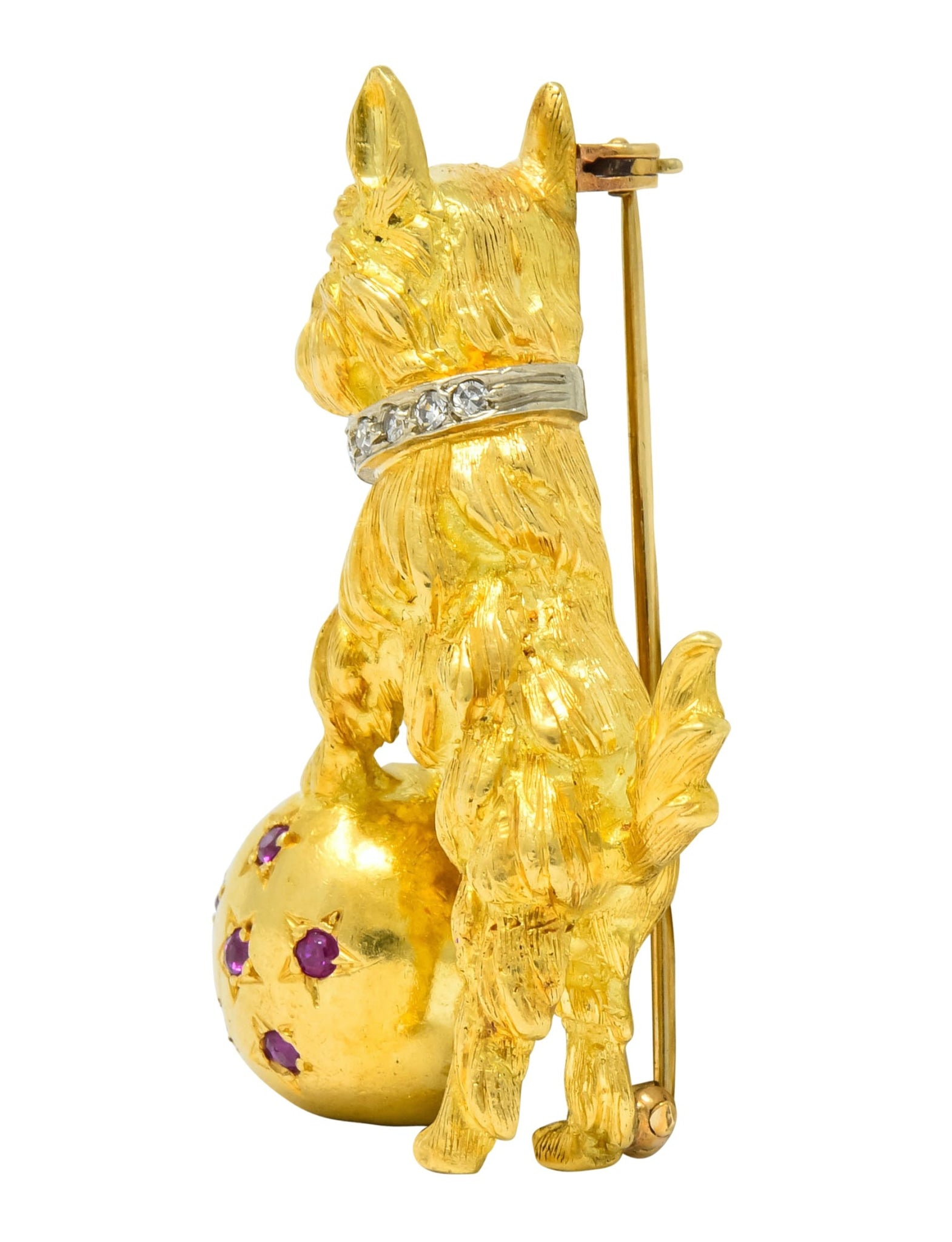 Spitzer & Furman Retro 18 Karat Yellow Gold Diamond Ruby Dog and Ball Brooch - Wilson's Estate Jewelry