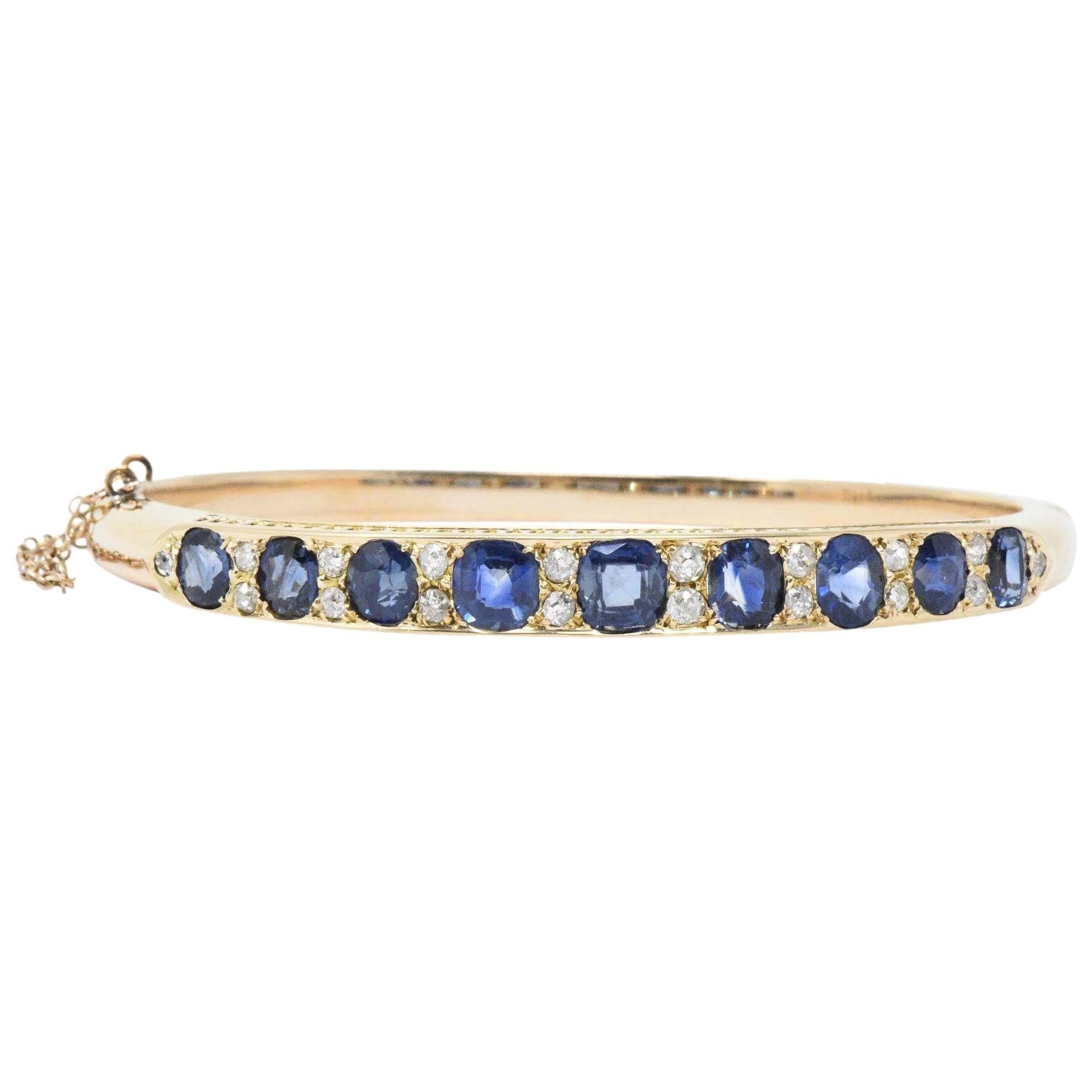 Superb Victorian 4.00 CTW Sapphire Diamond 14 Karat Gold Bangle Bracelet Wilson's Estate Jewelry