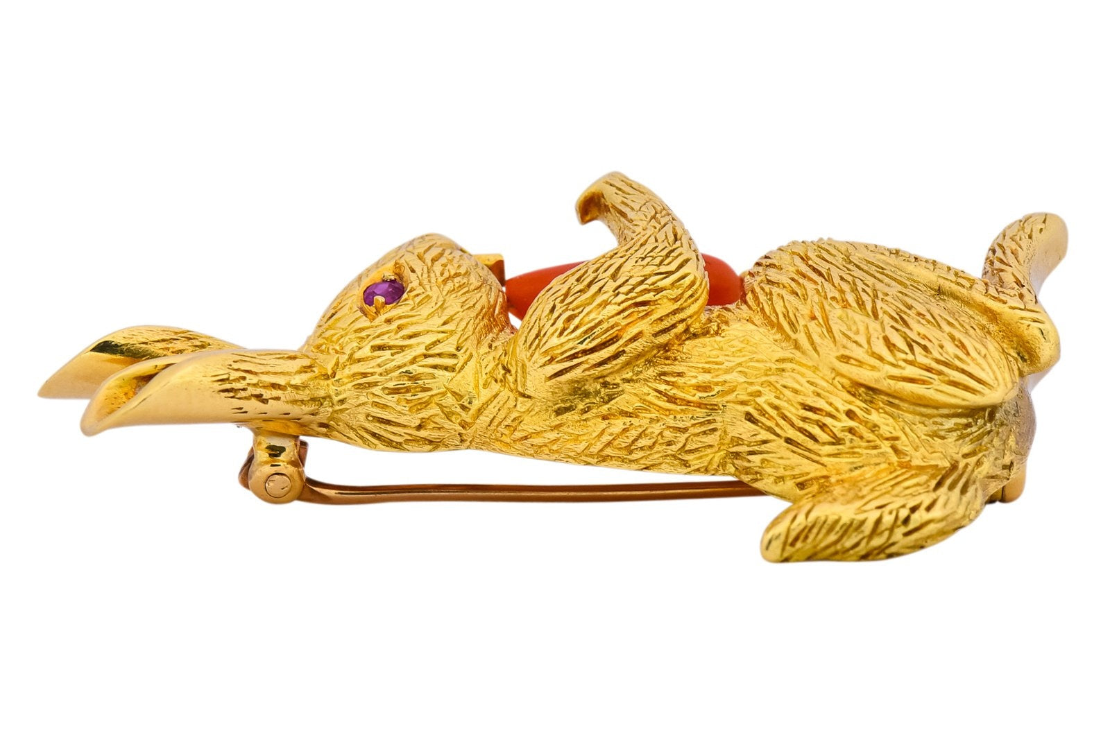Tiffany & Co. 1970's Vintage Coral Ruby 18 Karat Gold Rabbit Brooch - Wilson's Estate Jewelry
