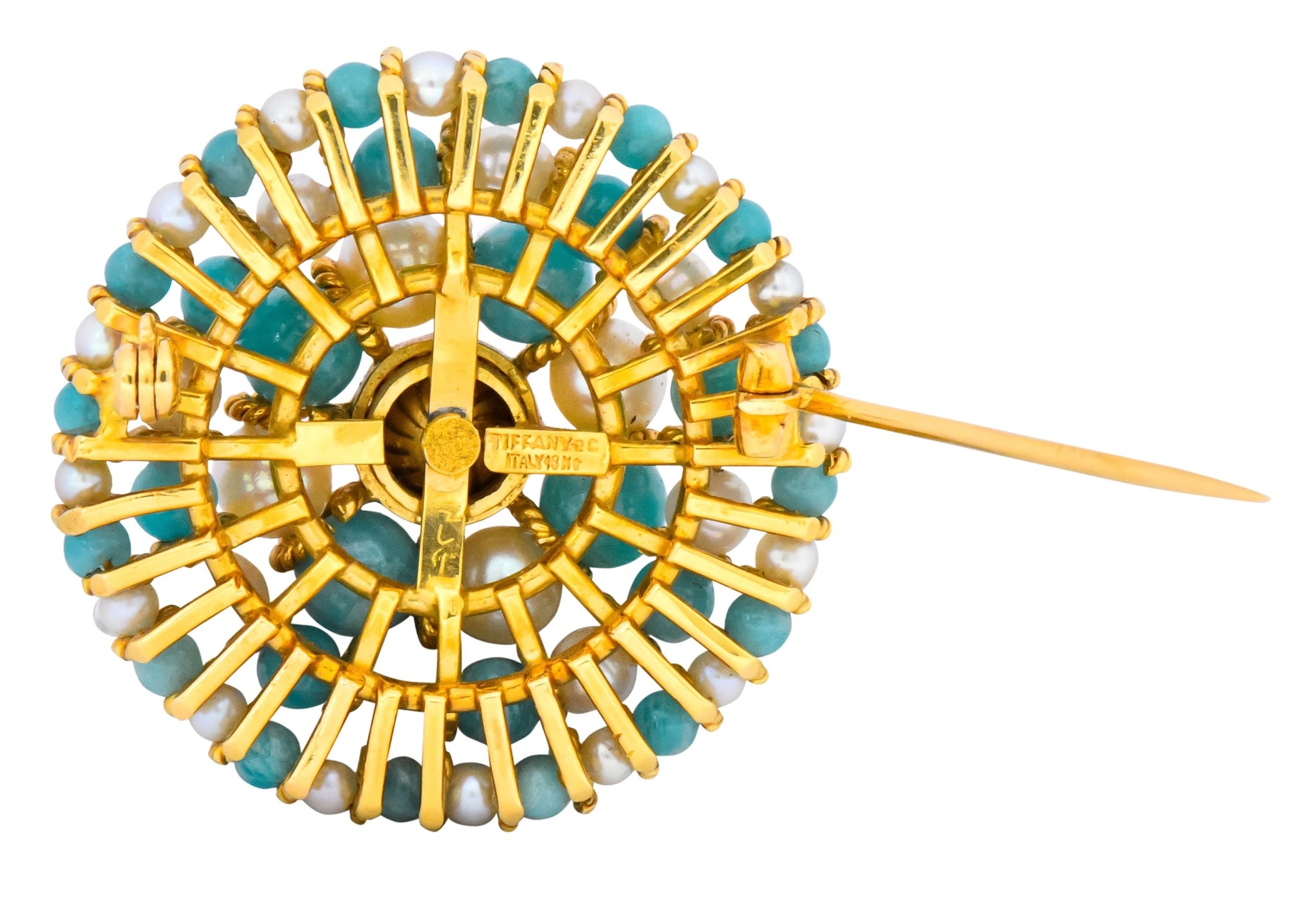 Tiffany & Co. Italy Retro Cultured Pearl Amazonite 18 Karat Gold Brooch - Wilson's Estate Jewelry
