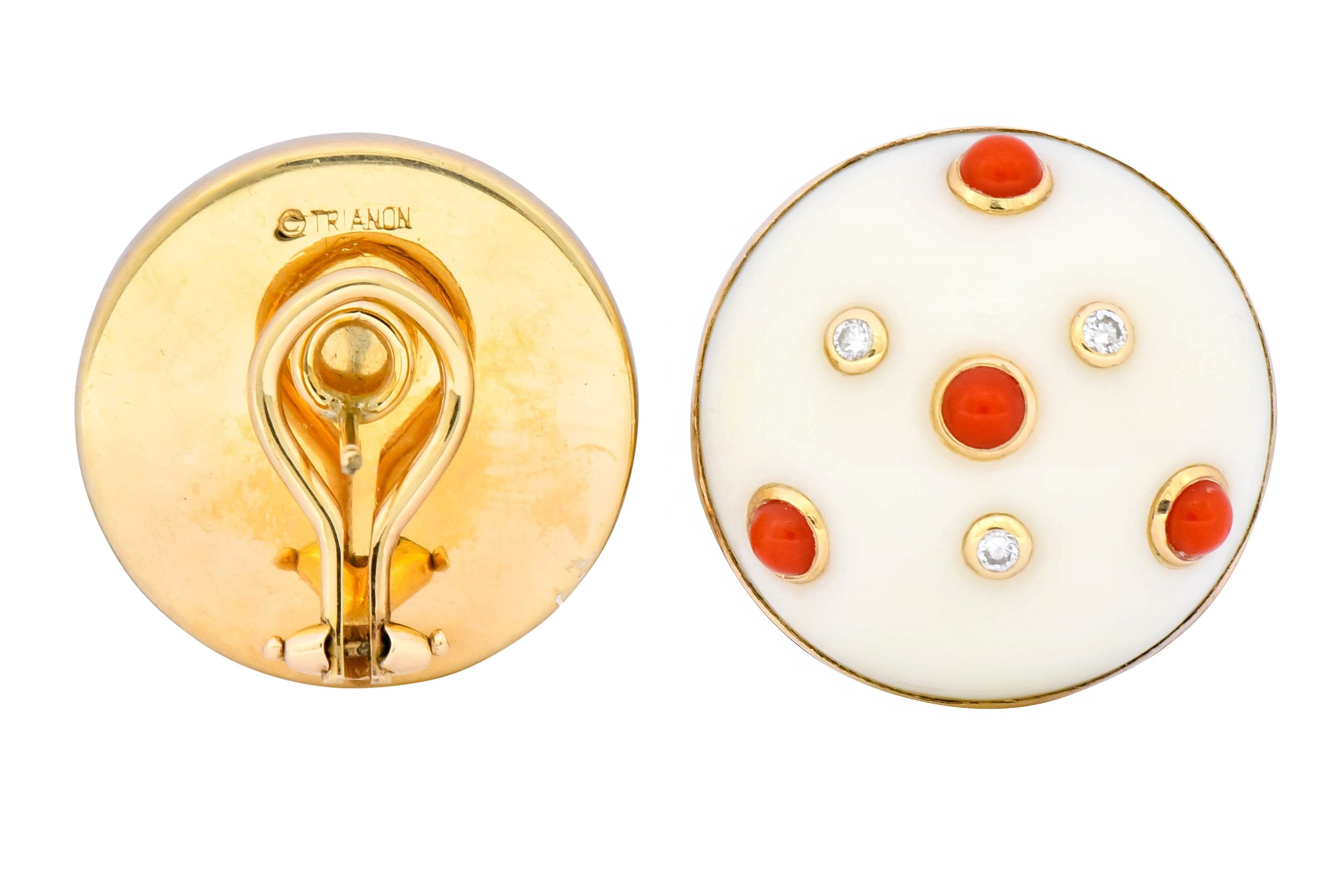 Trianon Vintage Coral Diamond 14 Karat Gold Round Earrings Circa 1990's - Wilson's Estate Jewelry