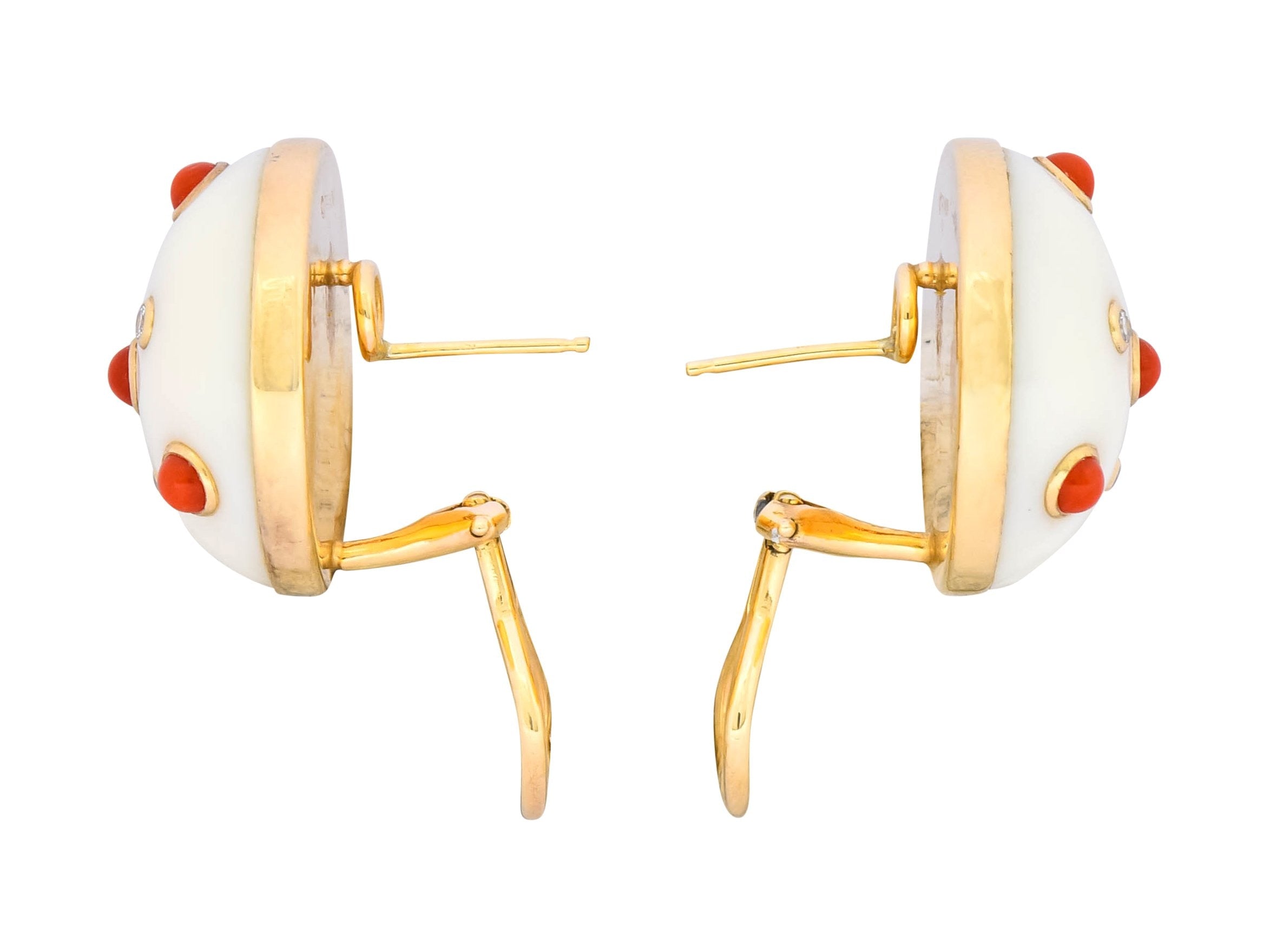 Trianon Vintage Coral Diamond 14 Karat Gold Round Earrings Circa 1990's - Wilson's Estate Jewelry