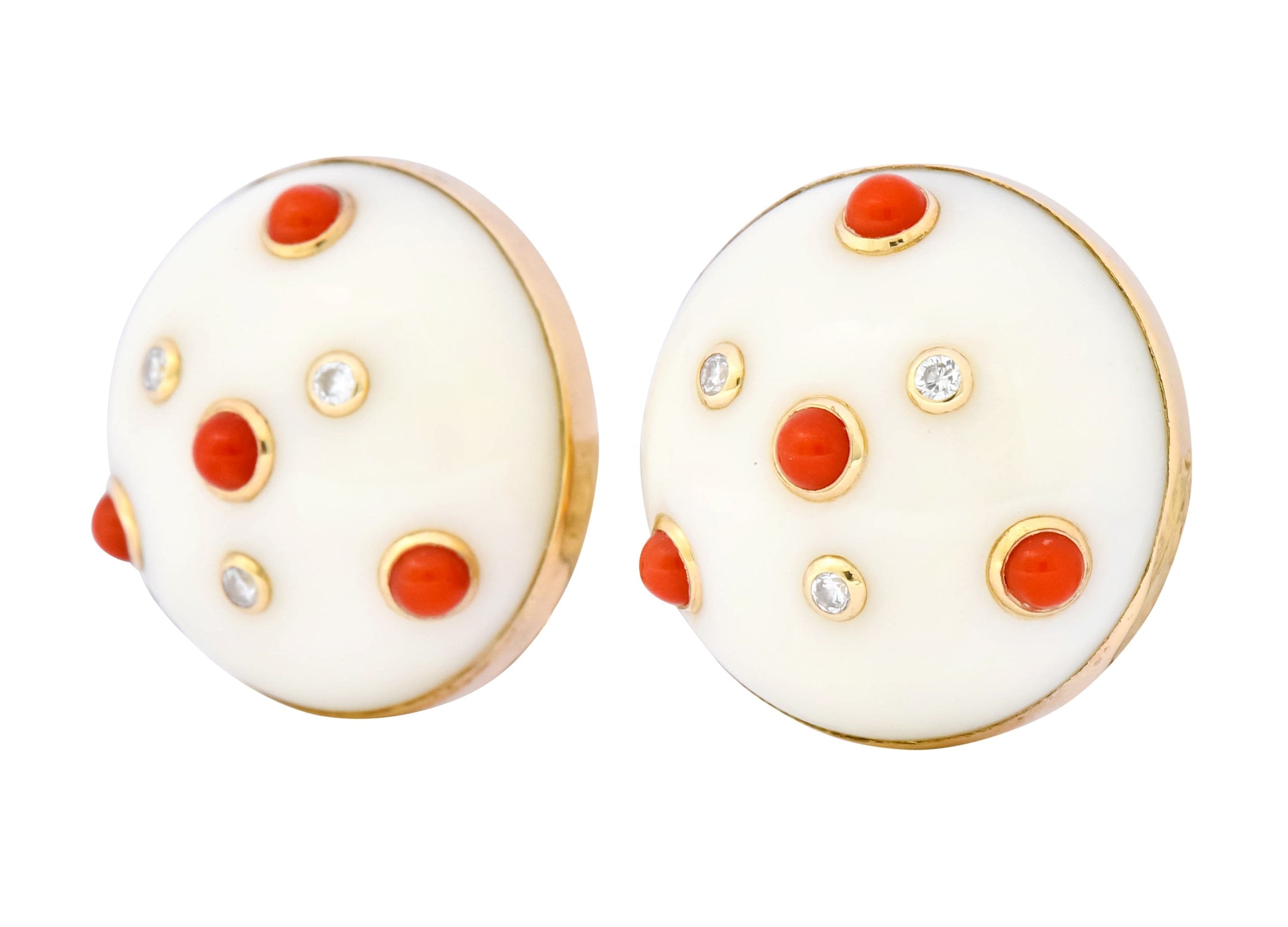 Trianon Vintage Coral Diamond 14 Karat Gold Round Earrings Circa 1990's - Wilson's Estate Jewelry