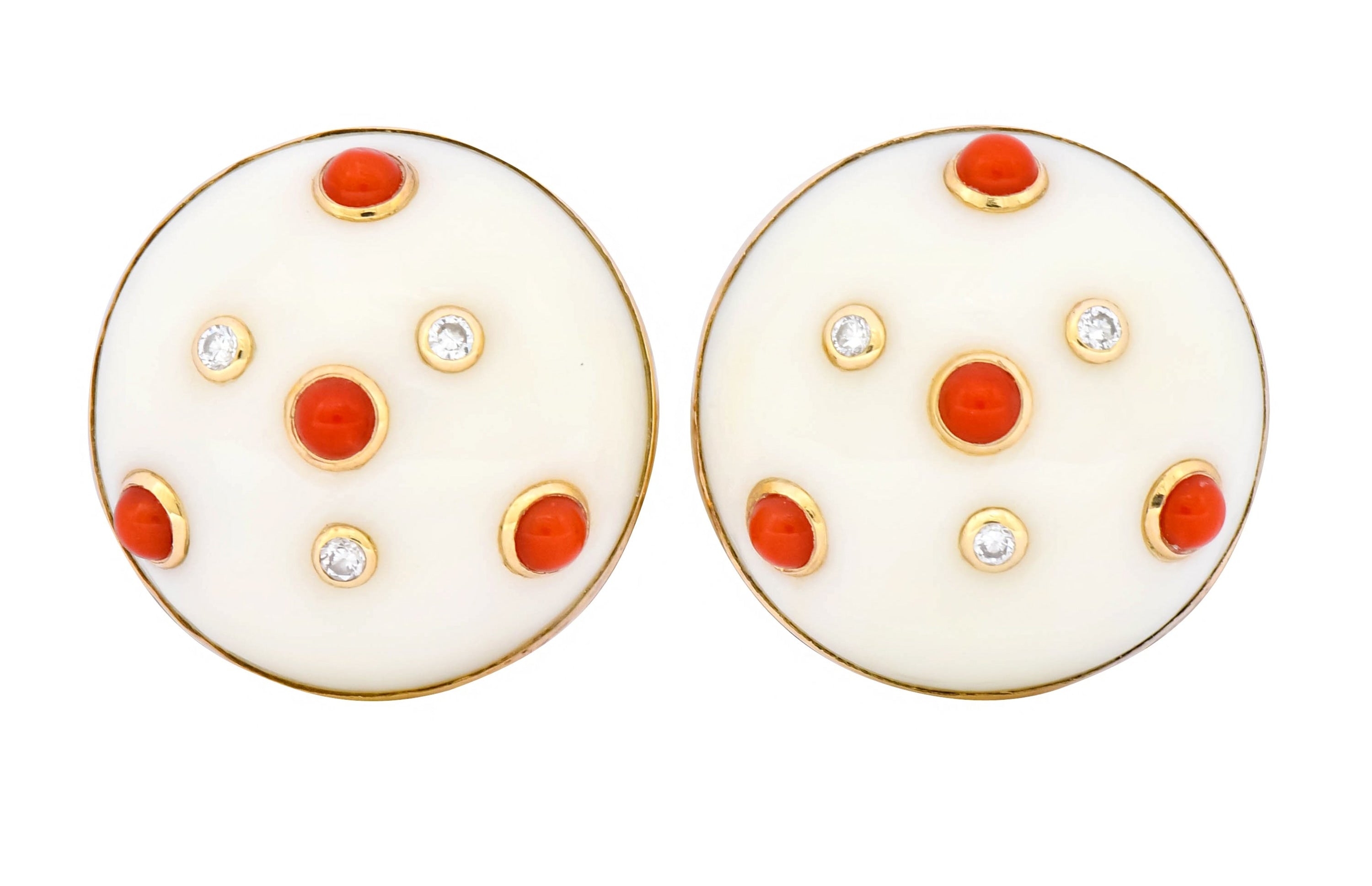 Trianon Vintage Coral Diamond 14 Karat Gold Round Earrings Circa 1990's - Wilson's Estate Jewelry