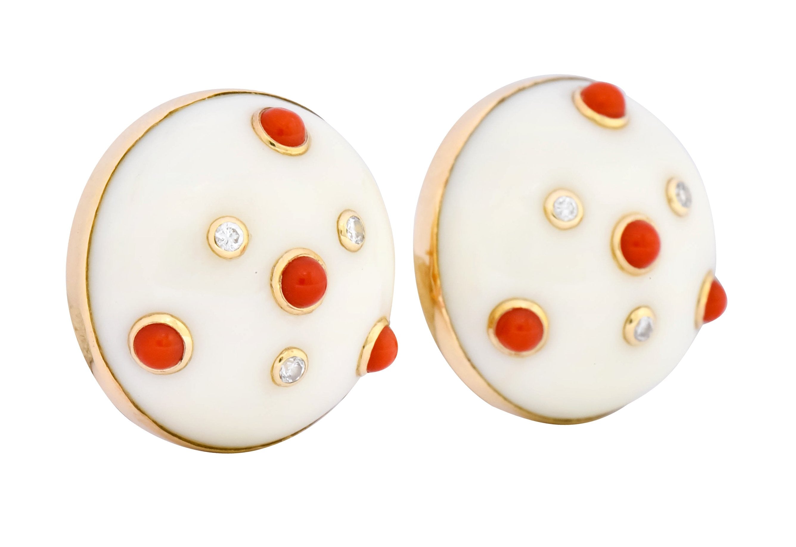 Trianon Vintage Coral Diamond 14 Karat Gold Round Earrings Circa 1990's - Wilson's Estate Jewelry